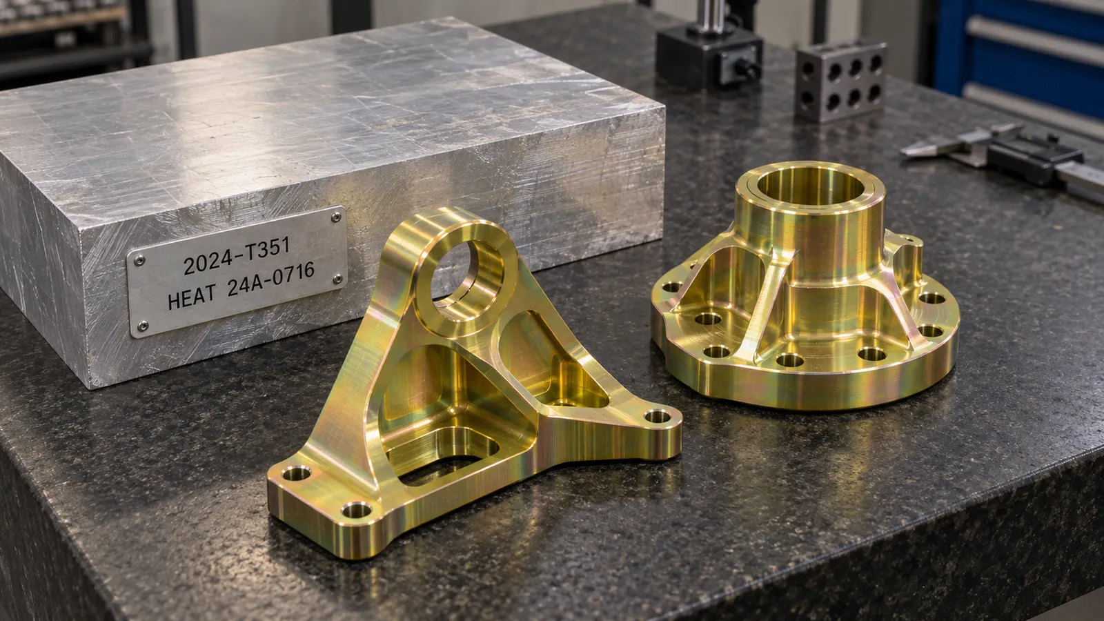 A 2024-T351 aluminum plate block with an identification plate reading 2024-T351 and its heat number, beside two machined brackets finished in gold chemical conversion coating on a granite surface plate