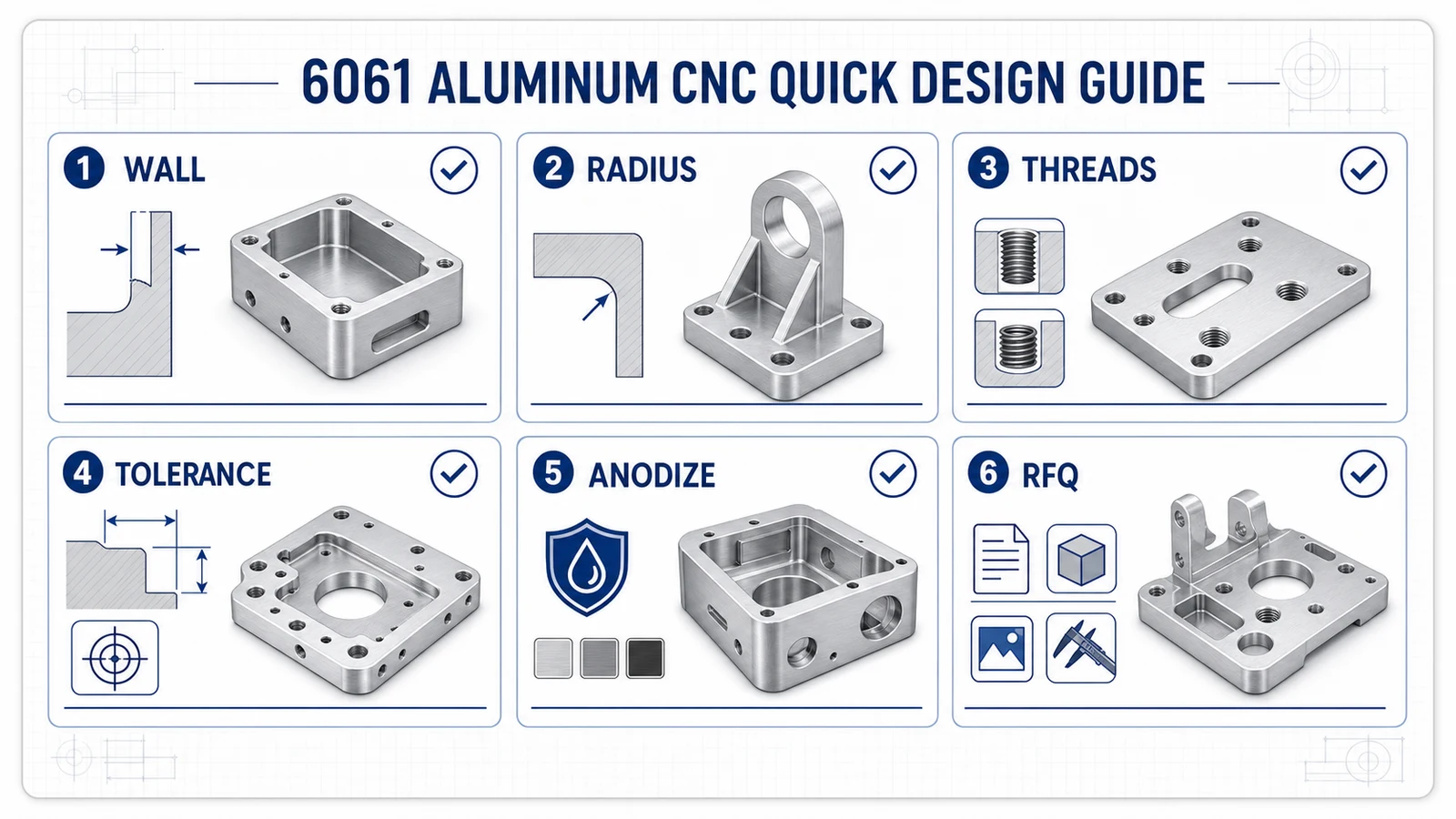 6061 aluminum CNC machining quick design checklist for walls, radii, threads, tolerances, anodizing, and RFQ files