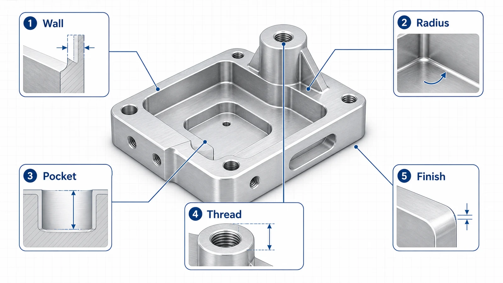 6061 aluminum CNC design diagram showing wall thickness, pocket radius, thread boss, tolerance, and anodize allowance