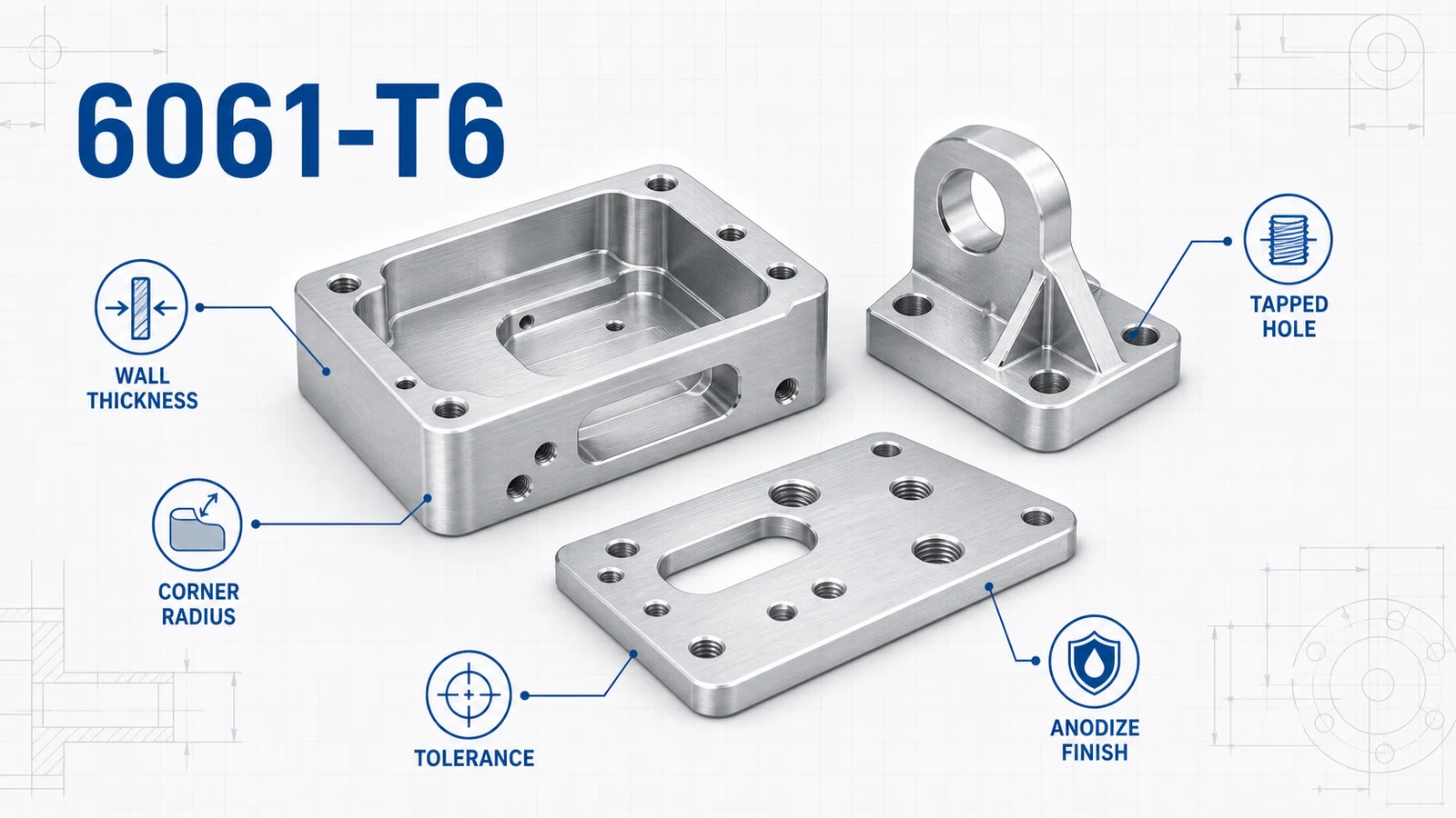 6061 aluminum CNC machined housing, bracket, and plate with DFM callouts for walls, radii, threads, tolerances, and anodizing