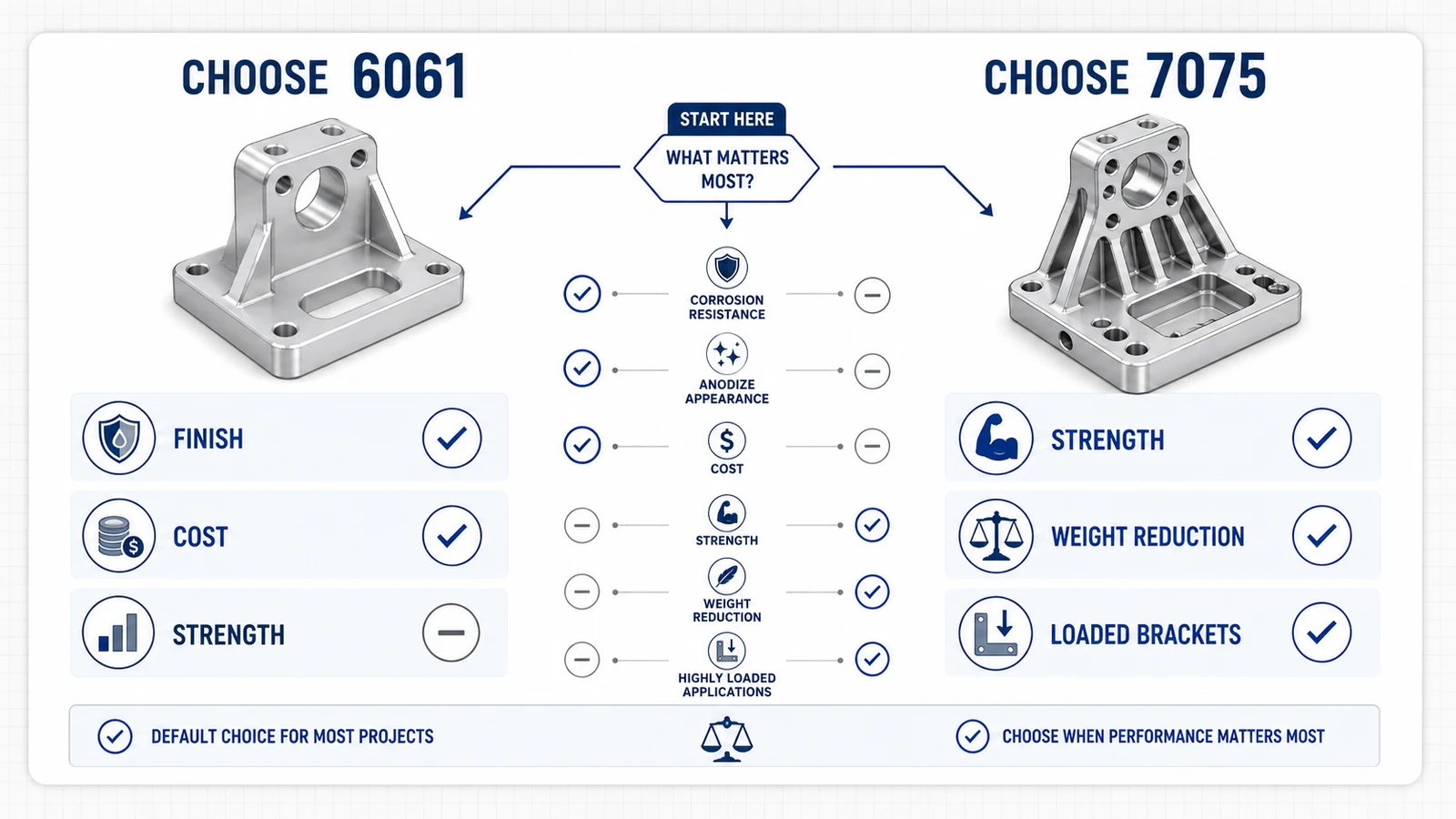 Material selection checklist card showing when to choose 6061 or 7075 aluminum for CNC machining