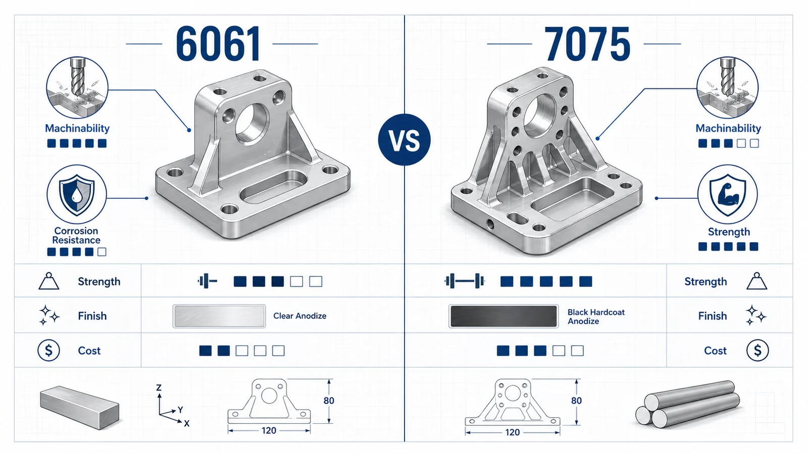 Technical diagram comparing 6061 and 7075 aluminum for CNC machining strength, finish, corrosion, and cost decisions