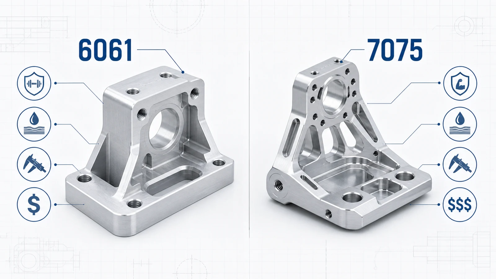 6061 and 7075 aluminum CNC machined parts compared for strength, finish, tolerance, and cost