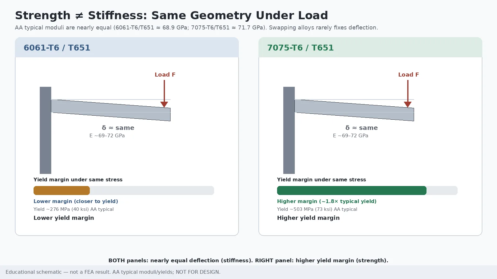 Two-panel diagram showing identical cantilever geometry in 6061-T6 and 7075-T6 deflecting almost equally while 7075 carries a higher yield margin
