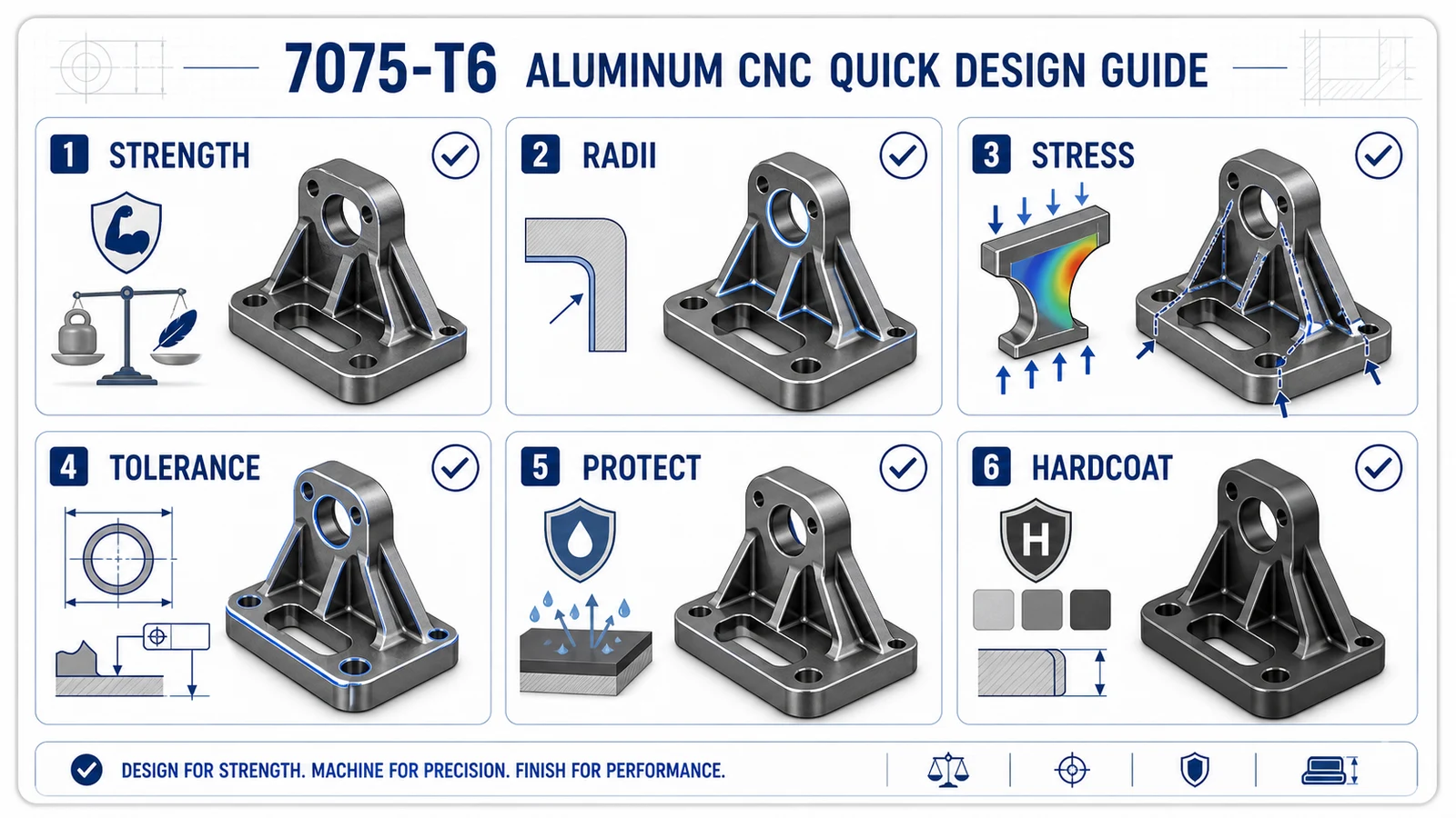 7075 aluminum CNC quick design checklist for strength, radii, stress movement, tolerances, corrosion protection, and hardcoat