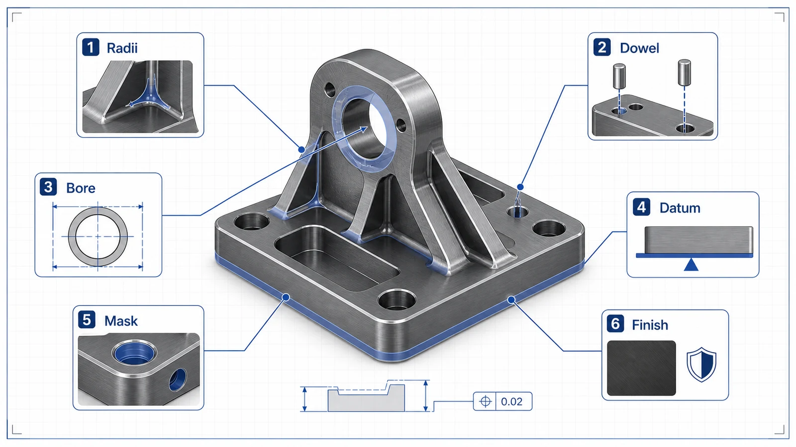 7075 aluminum bracket diagram with radiused load paths, dowel holes, datum face, critical bore, masking, and finish callouts