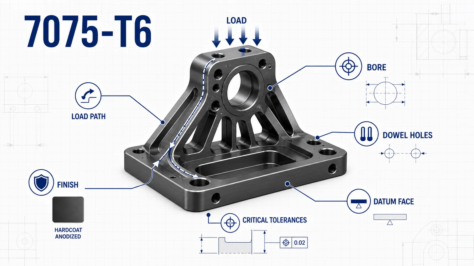 7075 aluminum CNC machined structural bracket with load path, tolerance, and hardcoat anodize finish callouts
