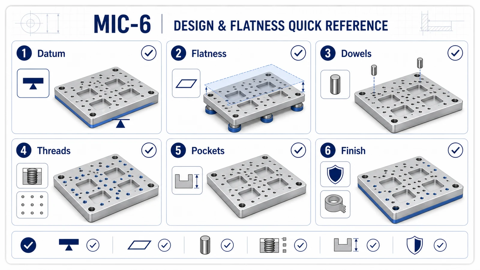 MIC-6 aluminum plate design and flatness checklist for datums, dowels, threads, pockets, finish, and inspection