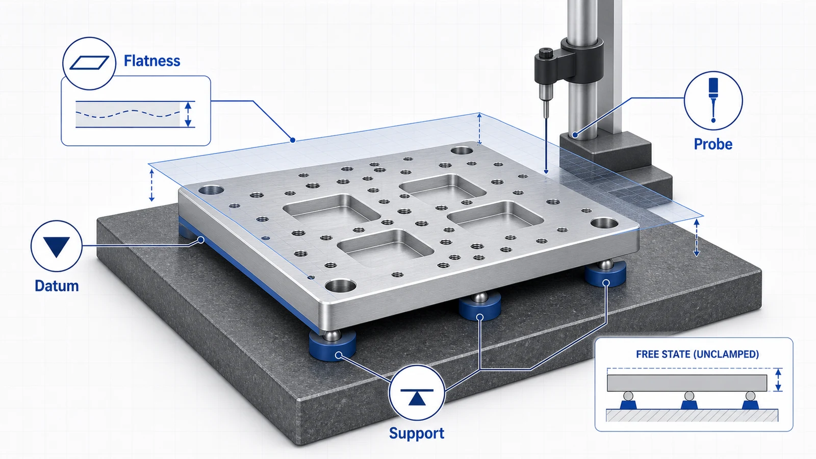 MIC-6 aluminum plate flatness inspection setup with support points, datum face, and measurement probe