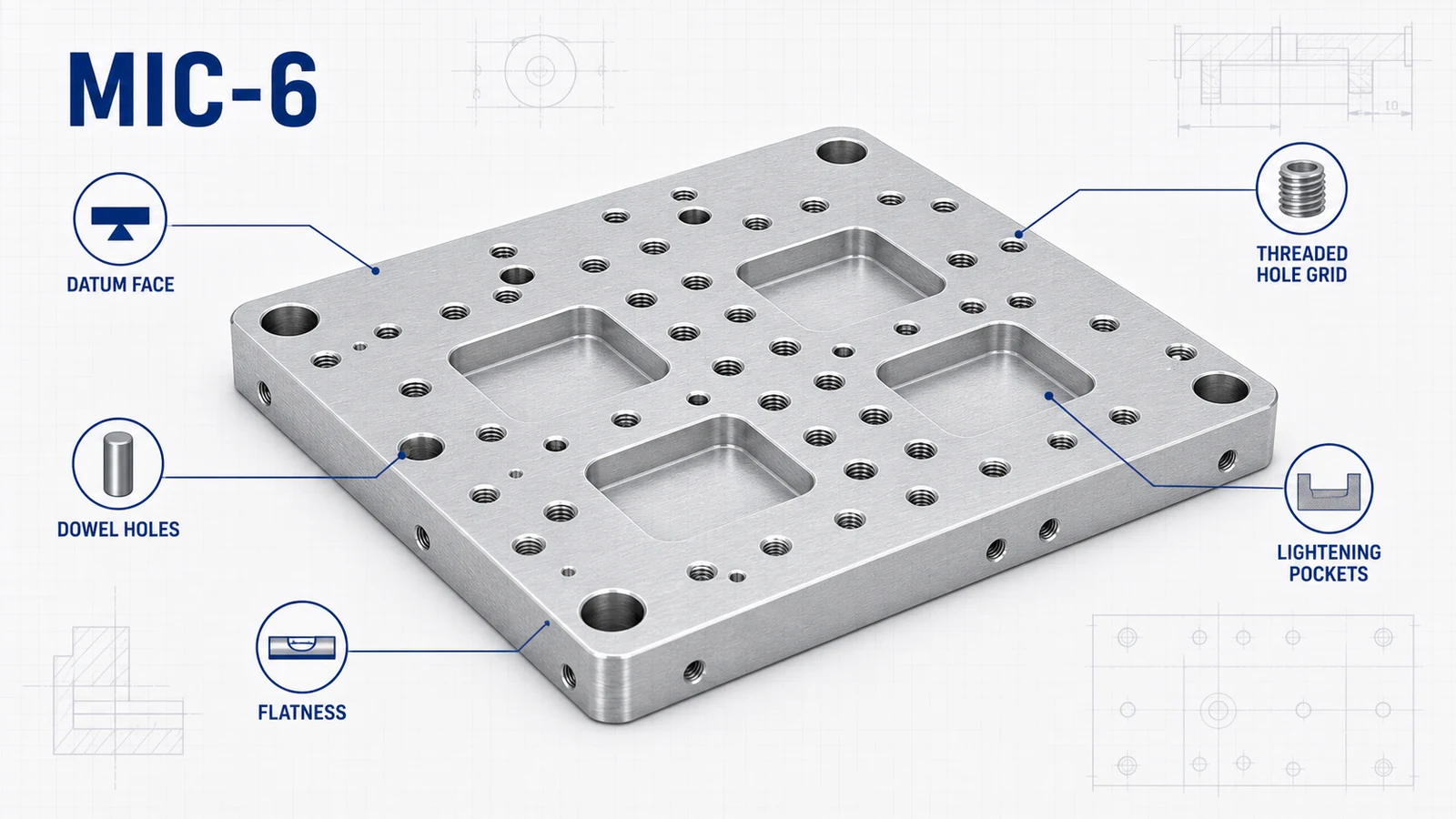 MIC-6 aluminum tooling plate with dowel holes, threaded grid, pockets, datum face, and flatness callouts