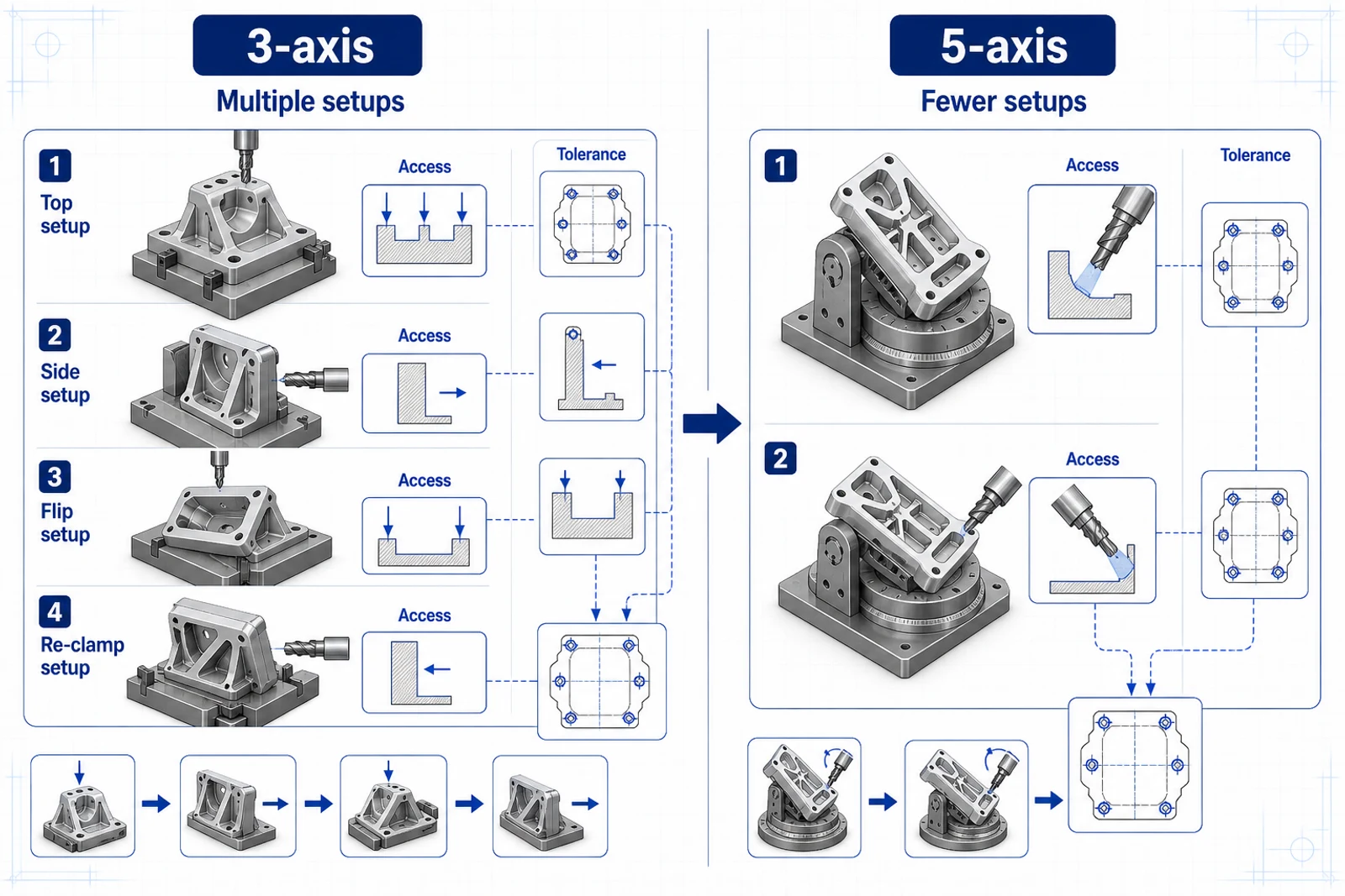 3-axis versus 5-axis setup count diagram showing multiple re-clamps compared with tilted tool access for angled features