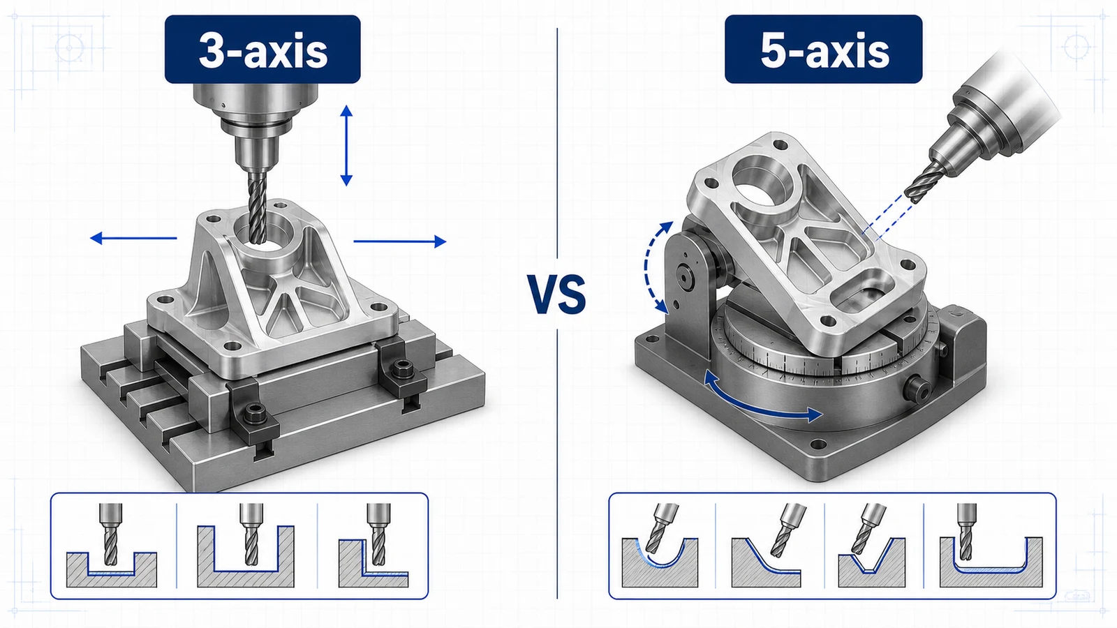 3-axis and 5-axis aluminum CNC machining setups compared with tool access arrows and fixture orientations