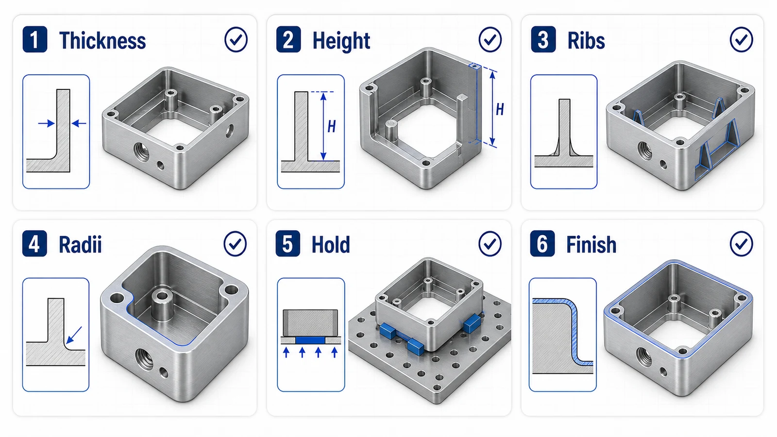 Thin wall aluminum CNC design checklist for thickness, height, ribs, radii, workholding, and finishing