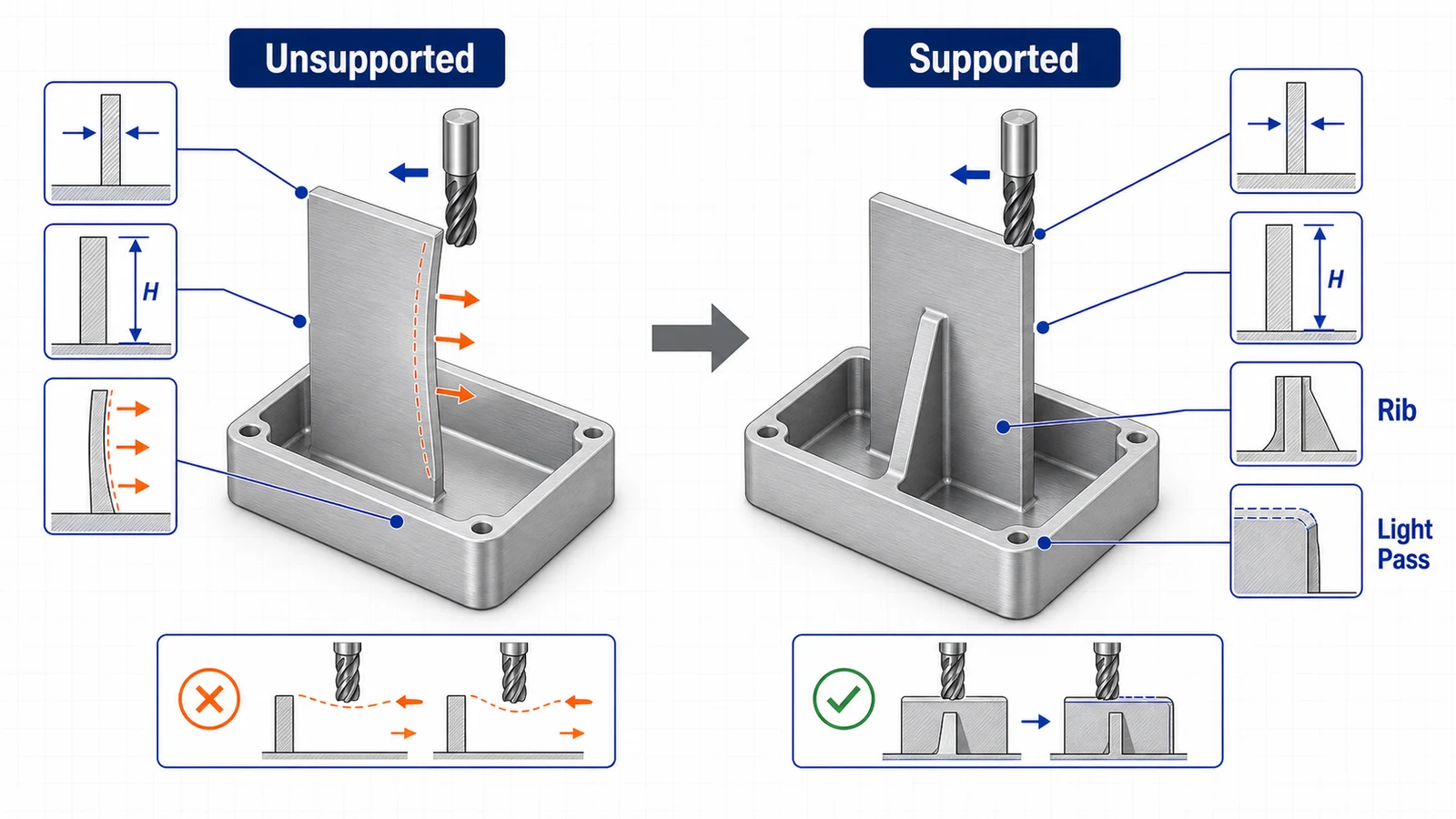 Supported versus unsupported thin wall aluminum machining diagram with cutter force, rib support, and deflection arrows