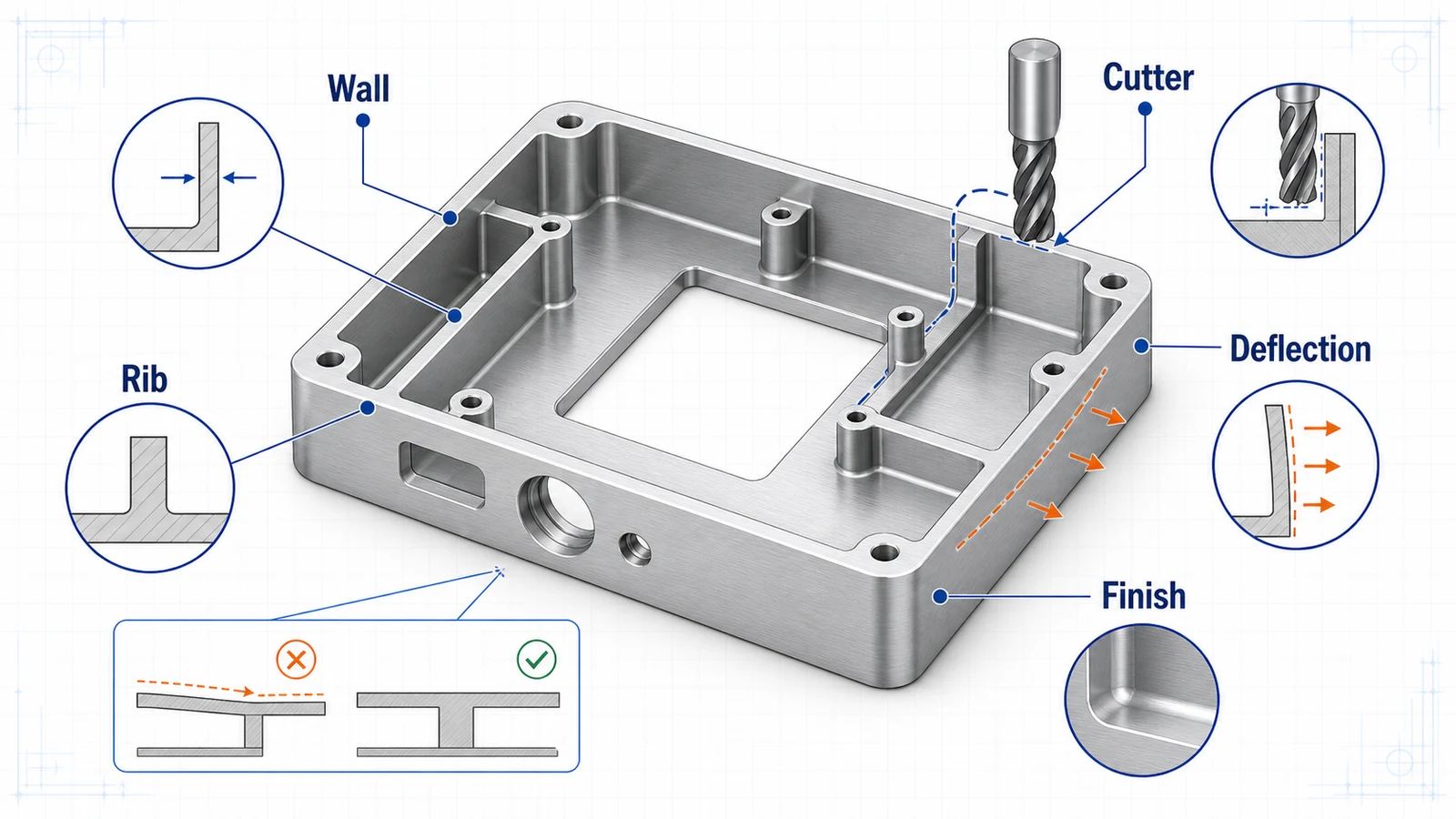 Thin wall aluminum CNC machined enclosure with ribs, pocketing, cutter access, and deflection callouts