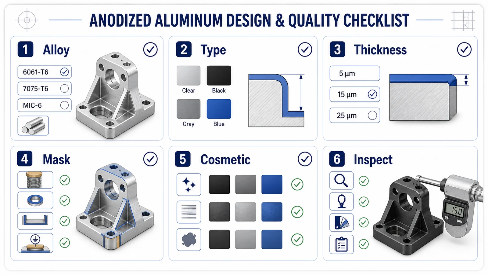 Anodized aluminum CNC design and quality checklist for alloy, type, thickness, masking, cosmetic faces, and inspection