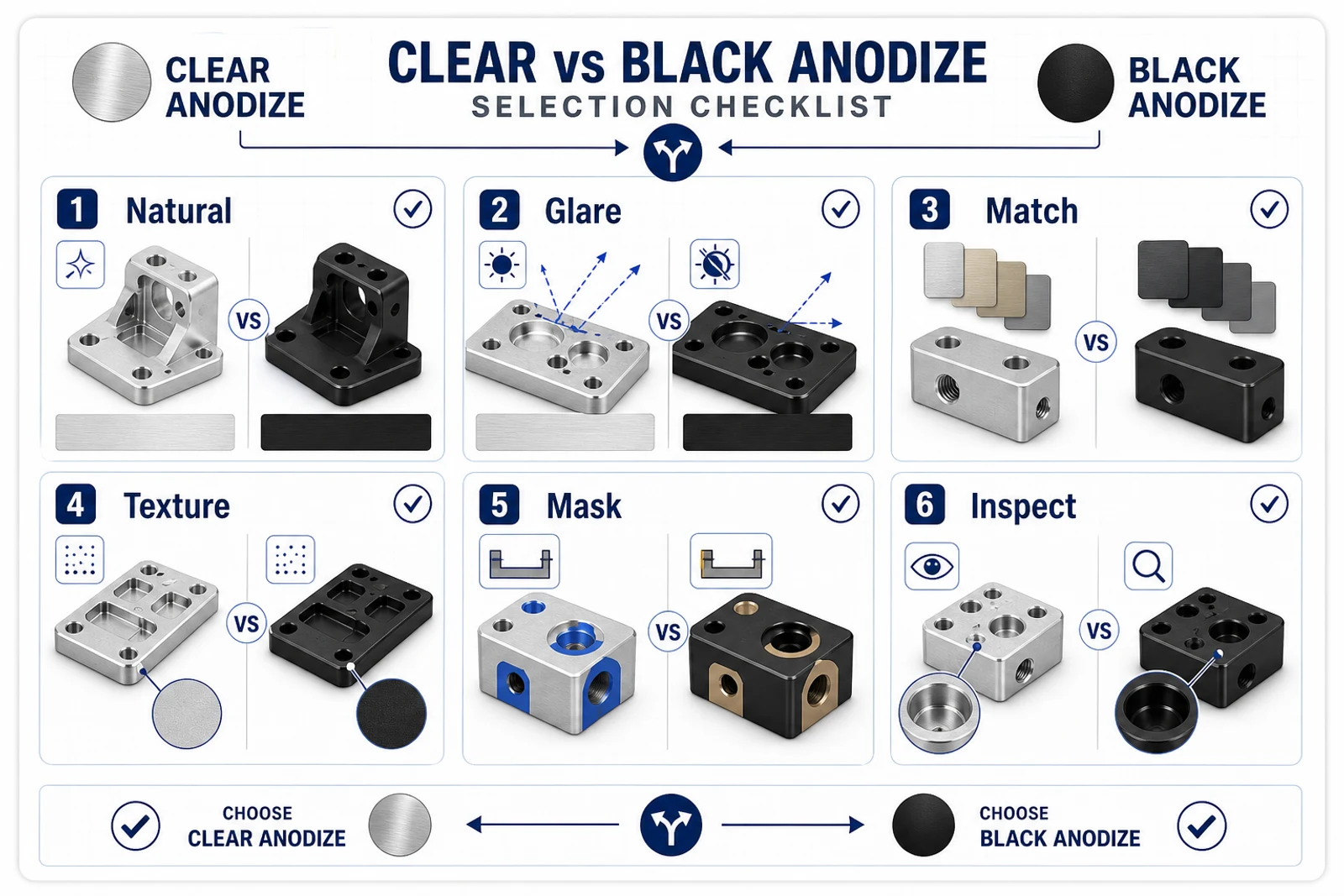 Clear versus black anodize selection checklist for natural look, glare control, alloy matching, texture, masking, and inspection
