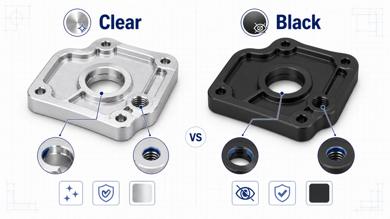 Clear anodized and black anodized CNC aluminum covers compared side by side with finish and masking callouts