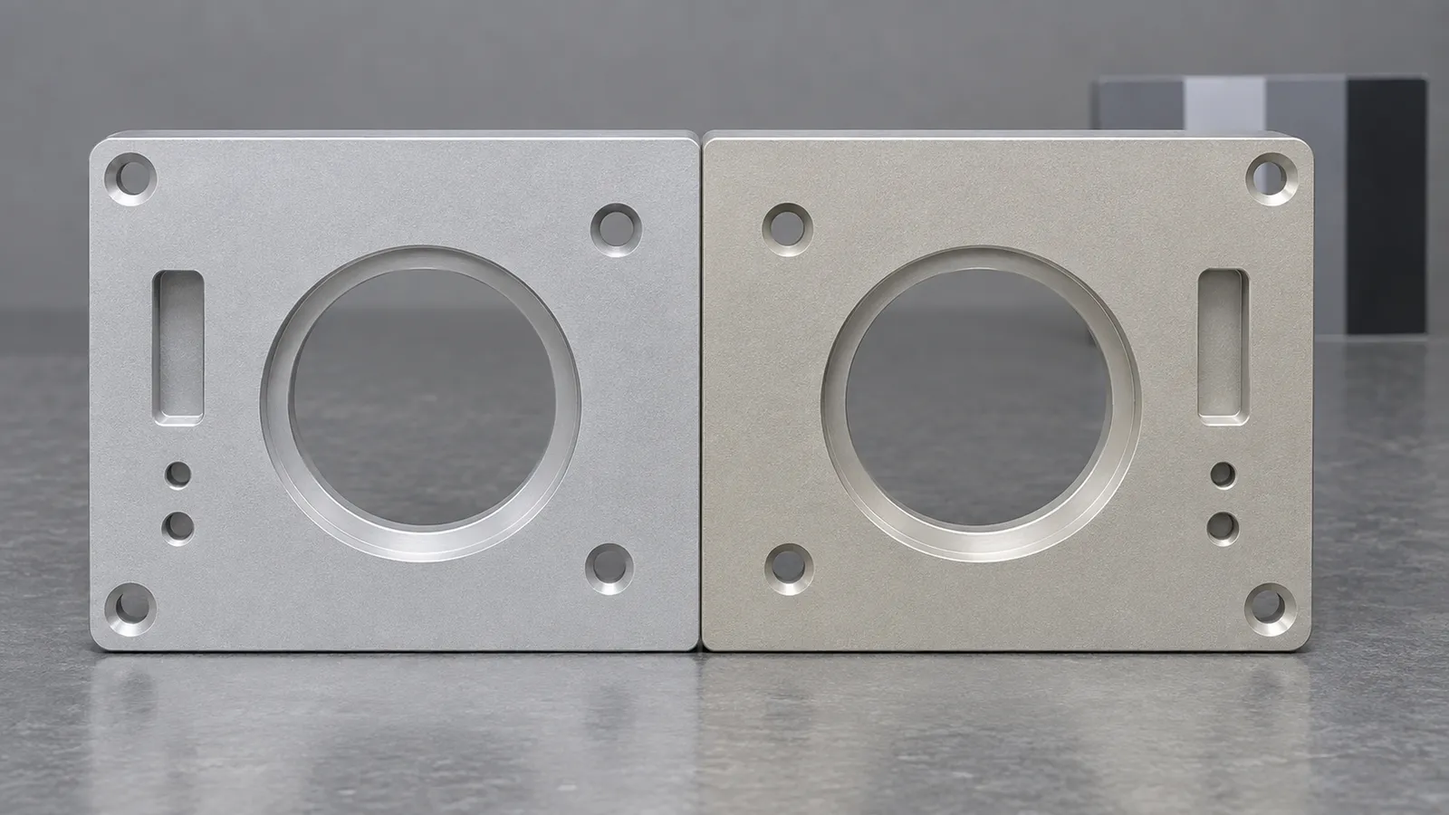 Two identically machined clear anodized aluminum plates placed edge to edge under one light, the left reading neutral silver and the right reading distinctly warmer, with a neutral gray step wedge in frame