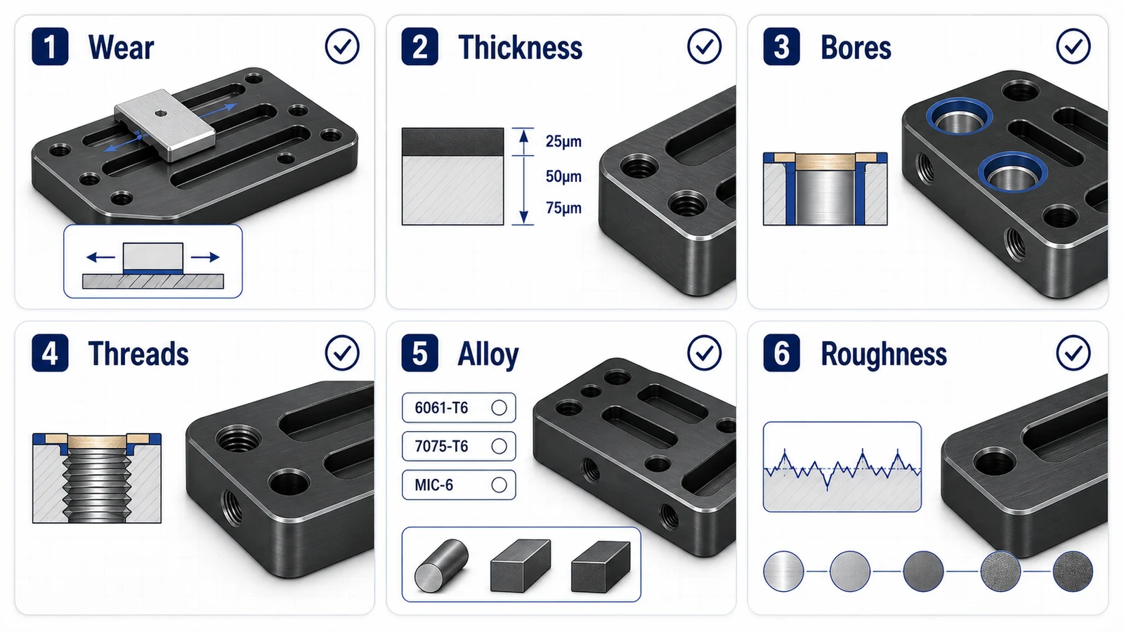 Hardcoat anodizing checklist for wear surfaces, thickness, bores, threads, alloy choice, and roughness before coating