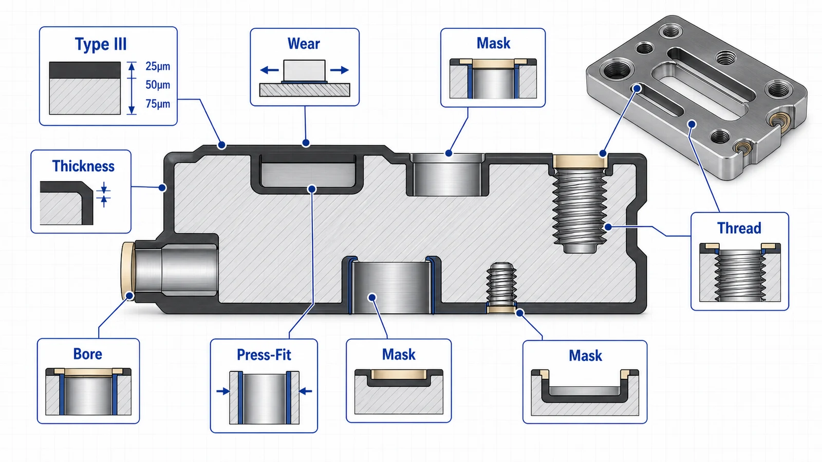 Hardcoat anodize cross-section showing Type III coating thickness, masked bore, masked thread, slot change, and wear surface