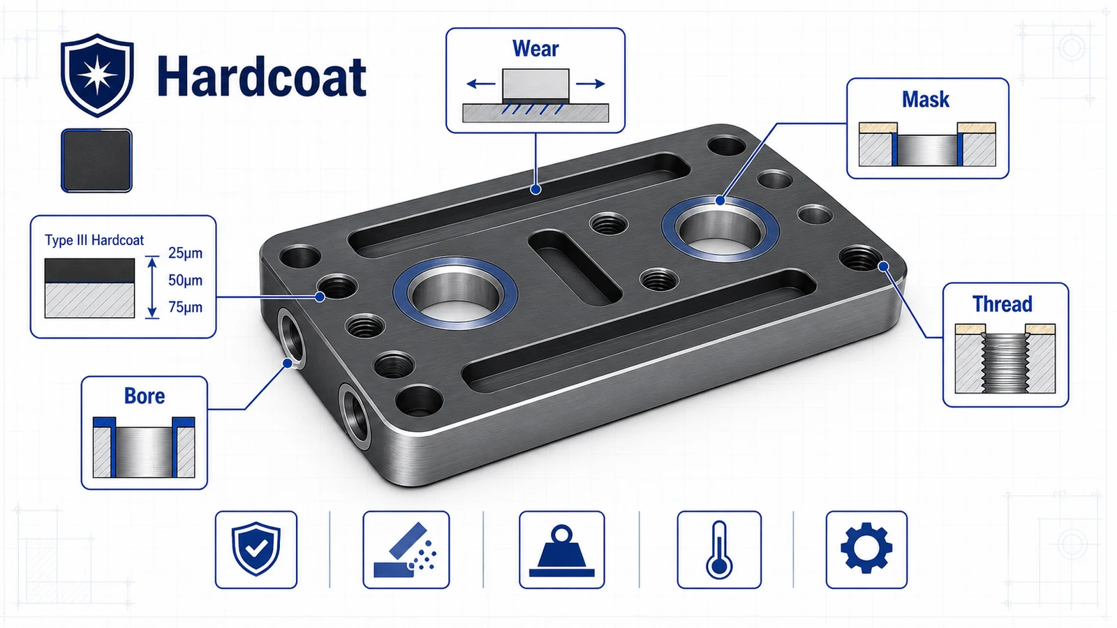 Hardcoat anodized aluminum sliding plate with wear surface, masked bores, masked threads, and coating thickness callouts