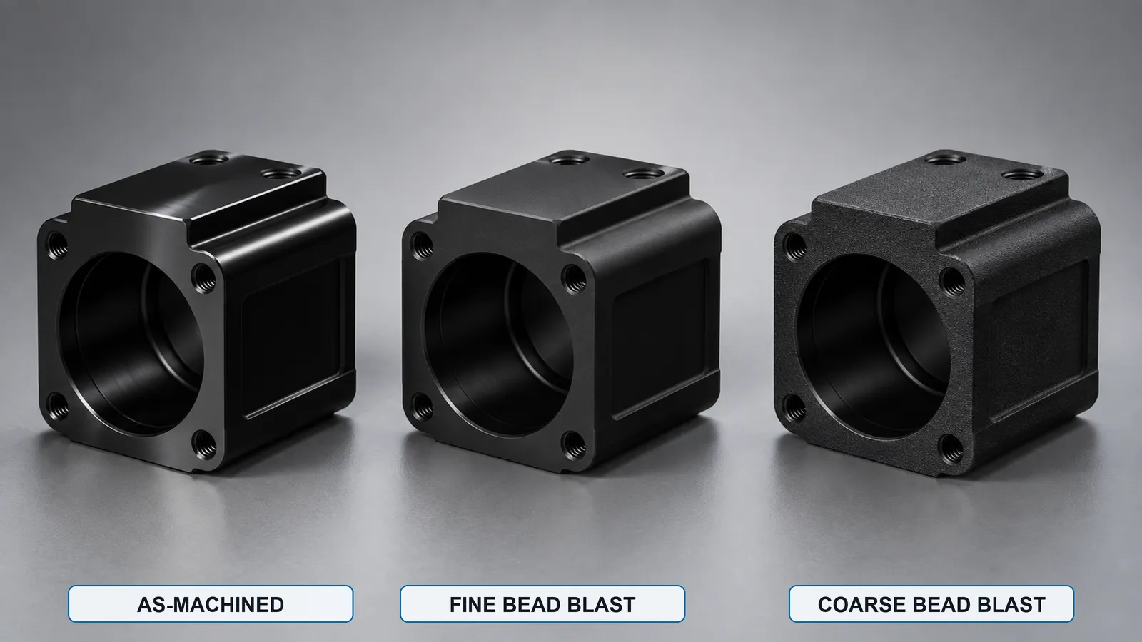 Three identical black anodized aluminum housings from the same batch photographed under one light, showing semi-gloss from an as-machined surface, soft matte from fine bead blasting and deep matte from coarse bead blasting