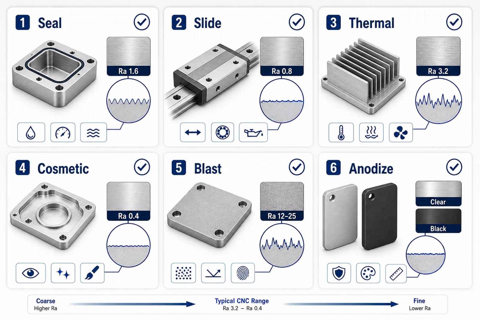CNC machined aluminum surface roughness checklist for sealing, sliding, thermal, cosmetic, bead blast, and anodize requirements