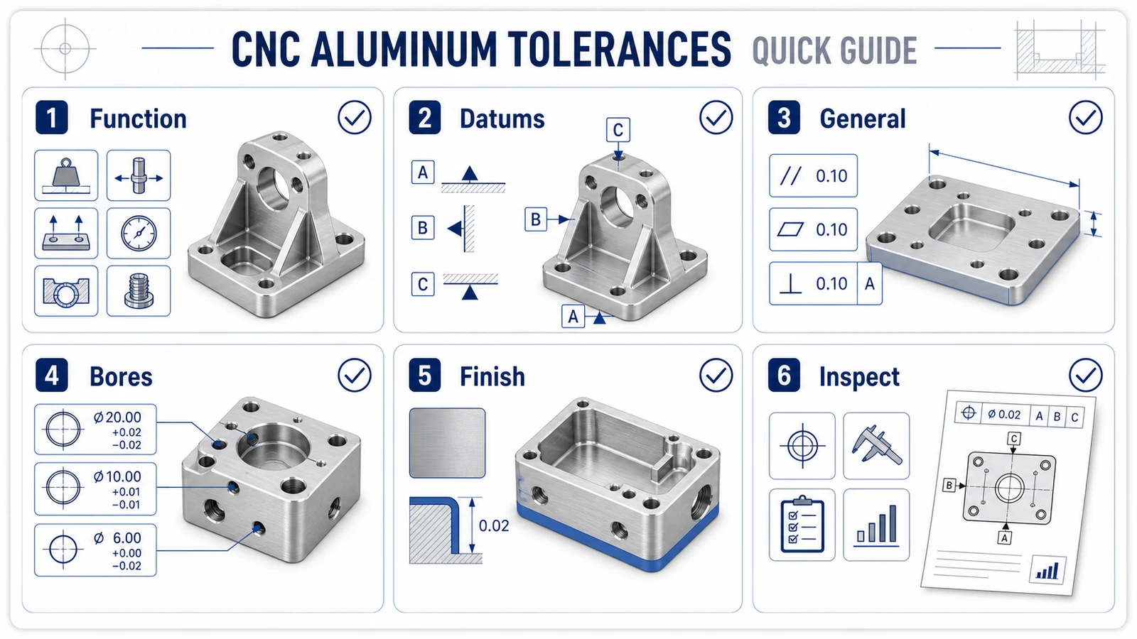 CNC aluminum tolerance quick guide checklist for functional features, datums, general tolerances, bores, finish, and inspection