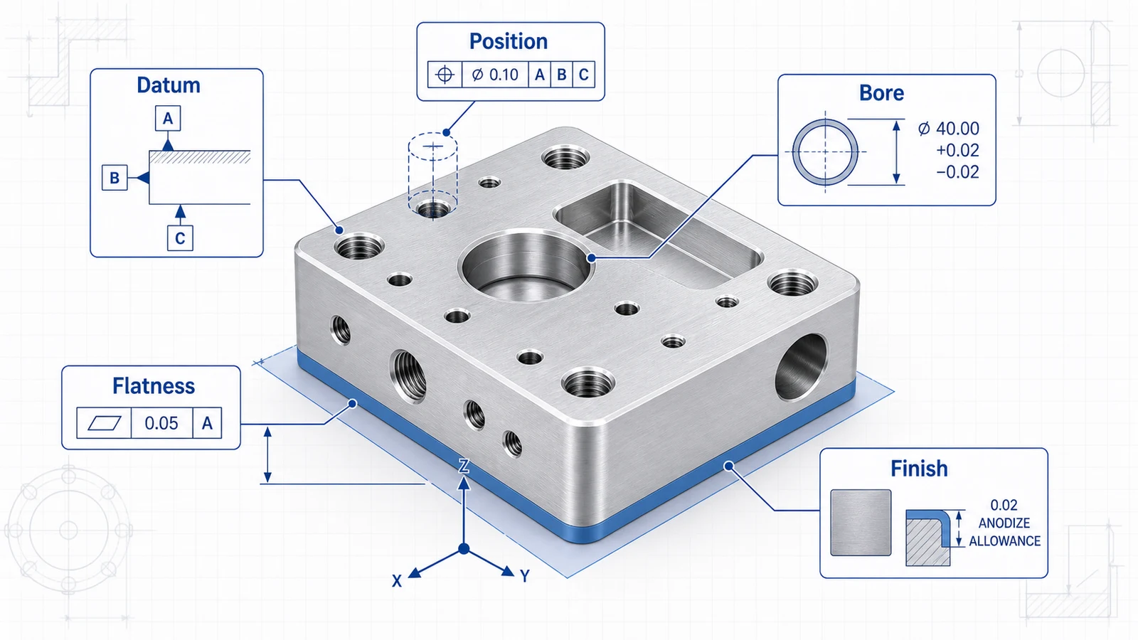 Aluminum CNC machined block with datum, hole position, bore, flatness, and anodize allowance tolerance callouts
