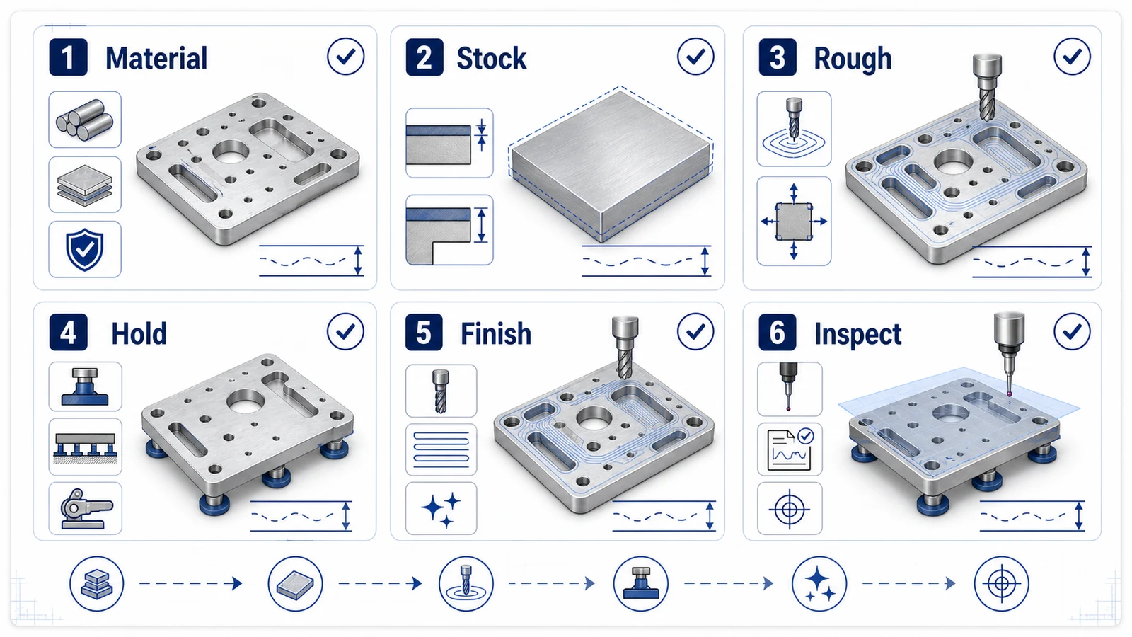 Aluminum CNC flatness control checklist for material, stock allowance, roughing, workholding, finish pass, and inspection