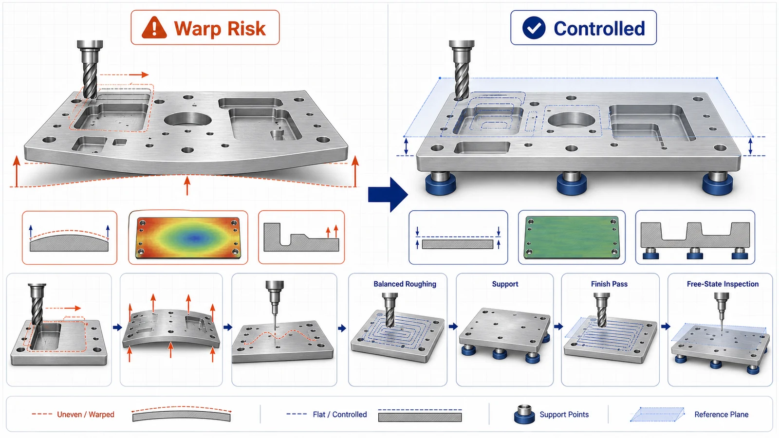 Warped versus controlled aluminum plate diagram showing asymmetric pocketing, balanced roughing, support points, and finish pass