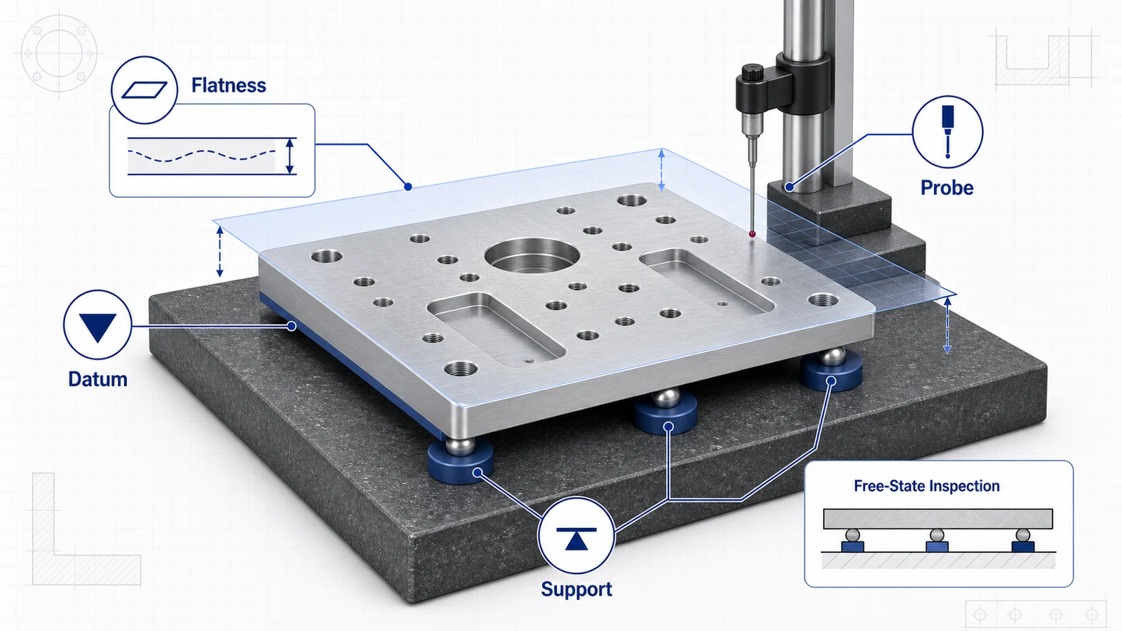 Aluminum CNC machined plate inspected for flatness on a surface plate with support points and measurement probe