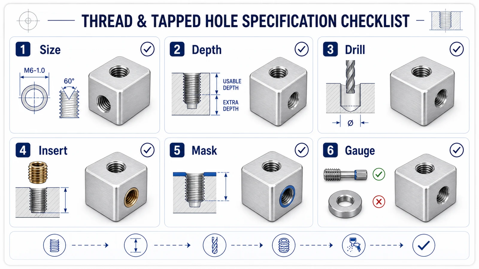 Aluminum CNC thread specification checklist for thread size, depth, drill allowance, inserts, masking, and inspection gauges