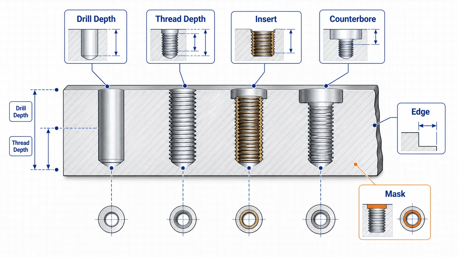 Thread and tapped hole cross-section showing drill depth, usable thread depth, threaded insert, edge distance, and anodize masking