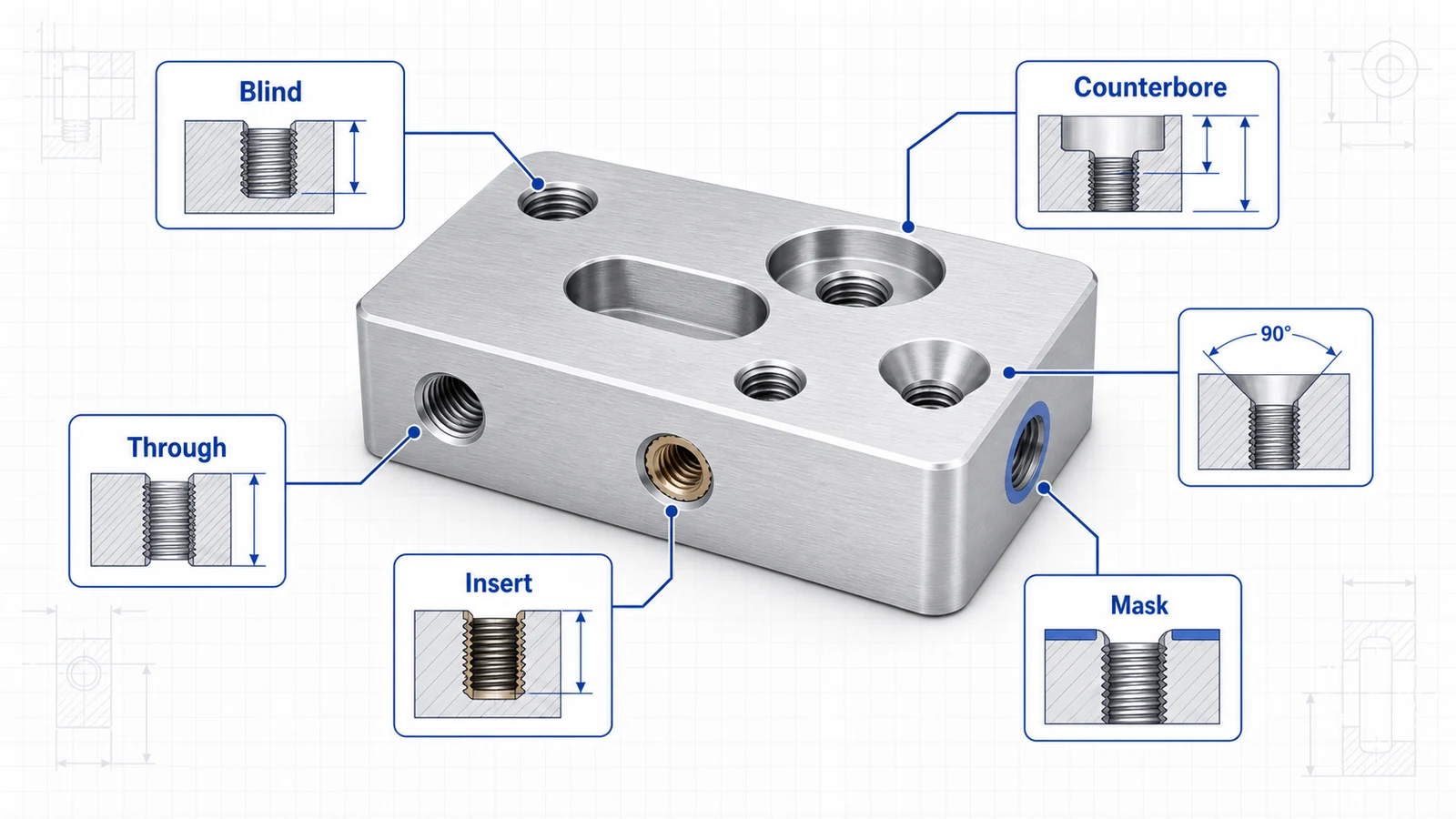 Aluminum CNC machined block with blind tapped hole, through tapped hole, threaded insert, counterbore, countersink, and anodize masking