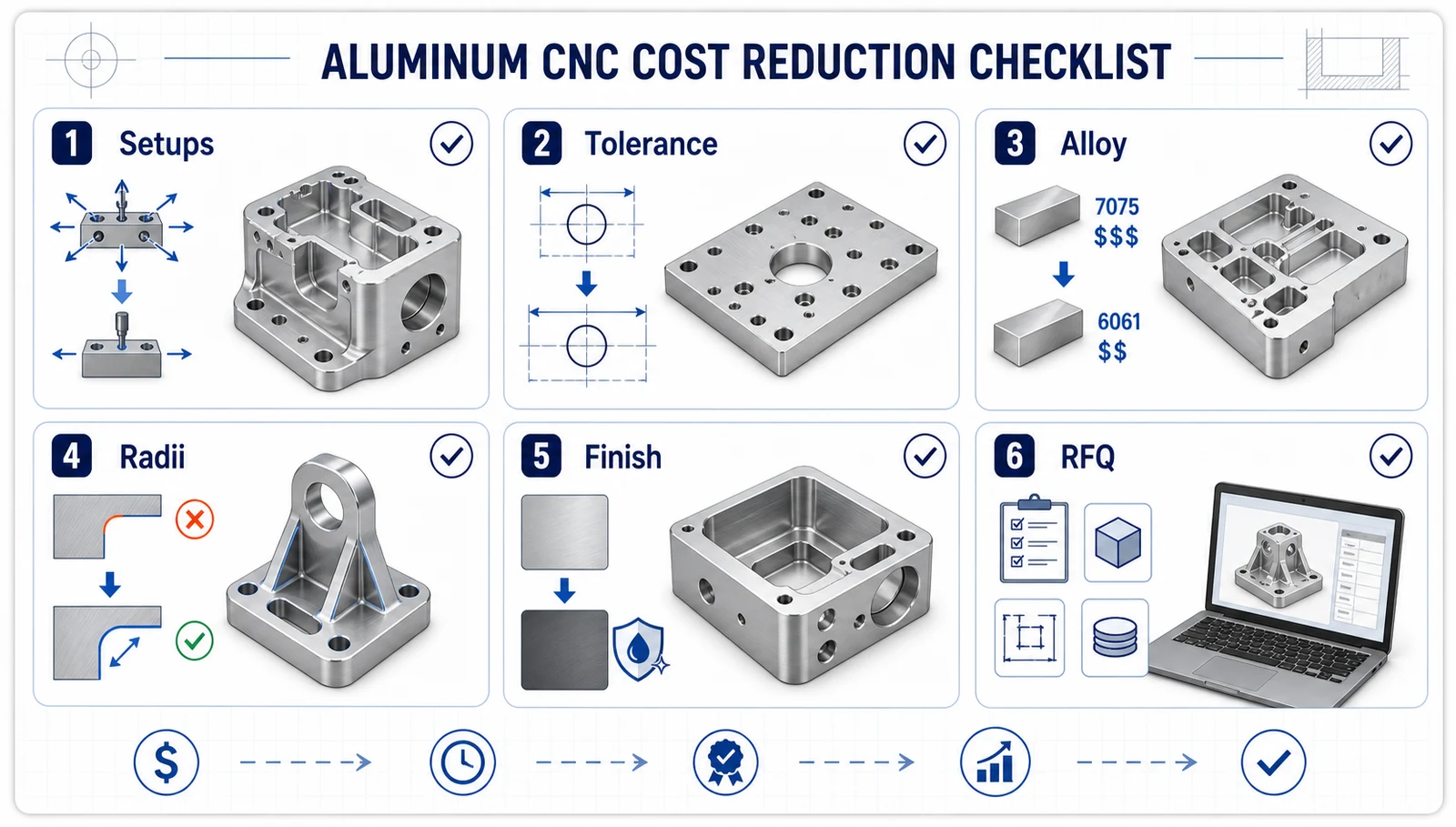 Aluminum CNC machining cost reduction checklist for setups, tolerances, alloy, radii, finish, and RFQ package