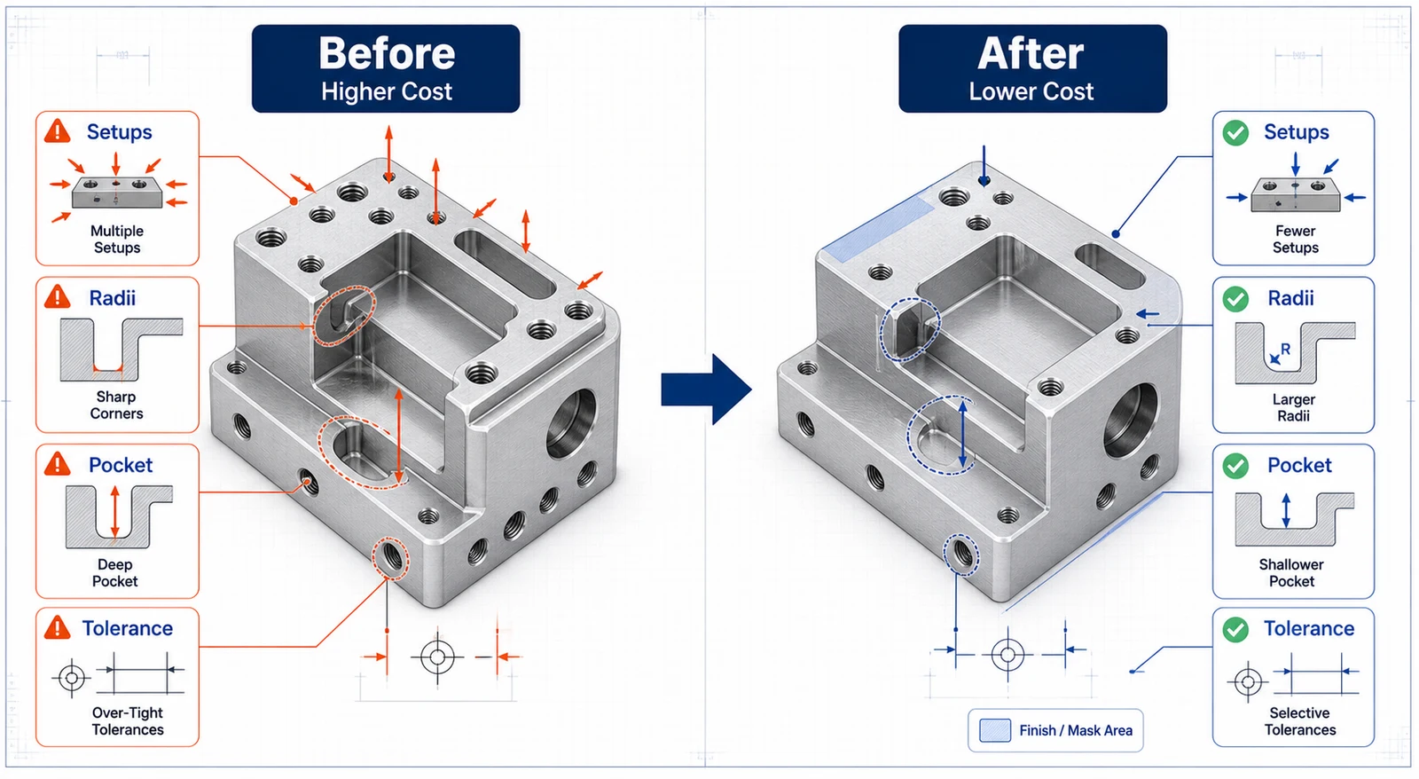 Before and after DFM diagram showing aluminum CNC cost reduction through fewer setups, larger radii, and selective tolerances