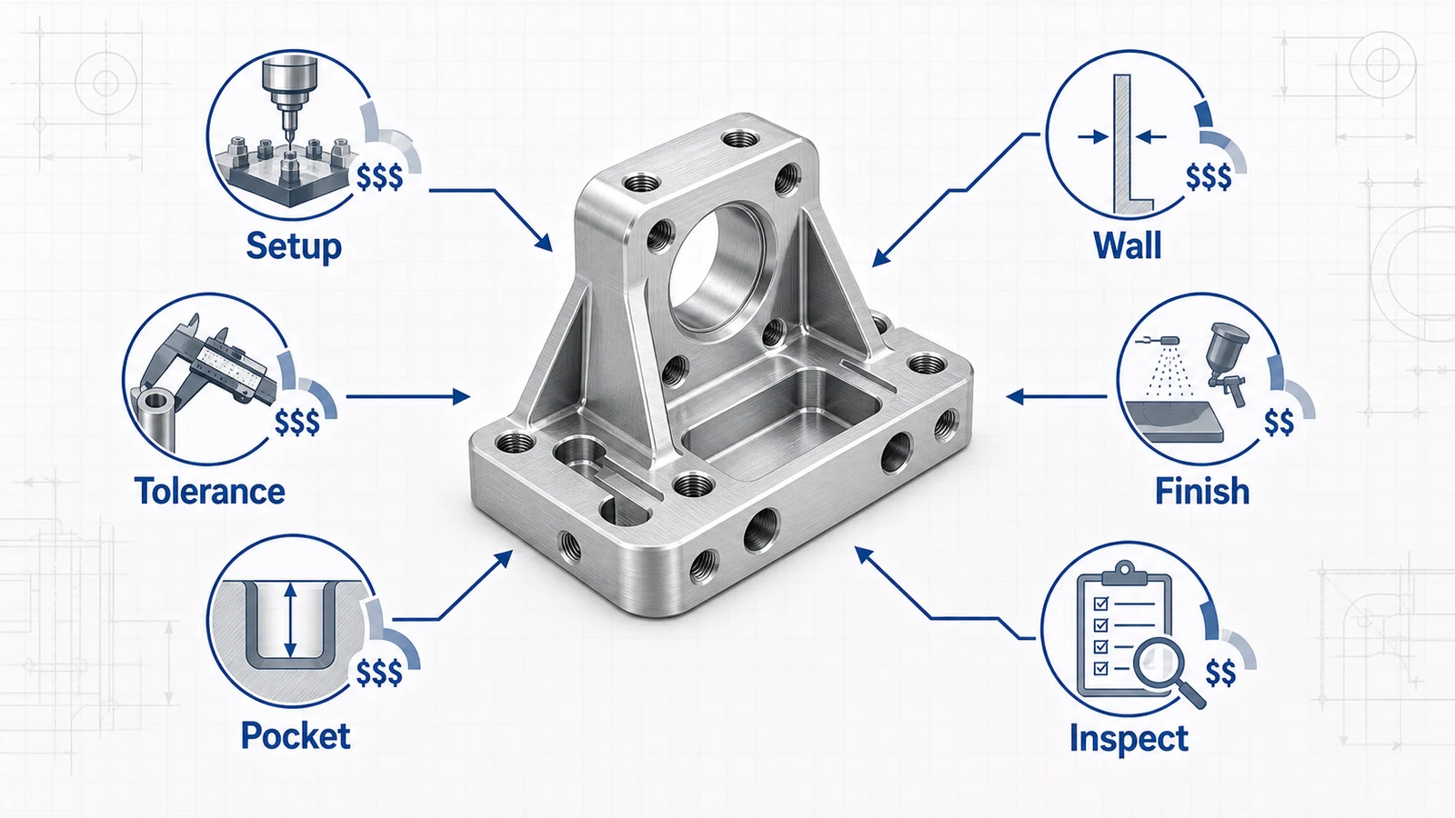 Aluminum CNC machined part surrounded by setup, tolerance, pocket, wall, finish, and inspection cost driver callouts