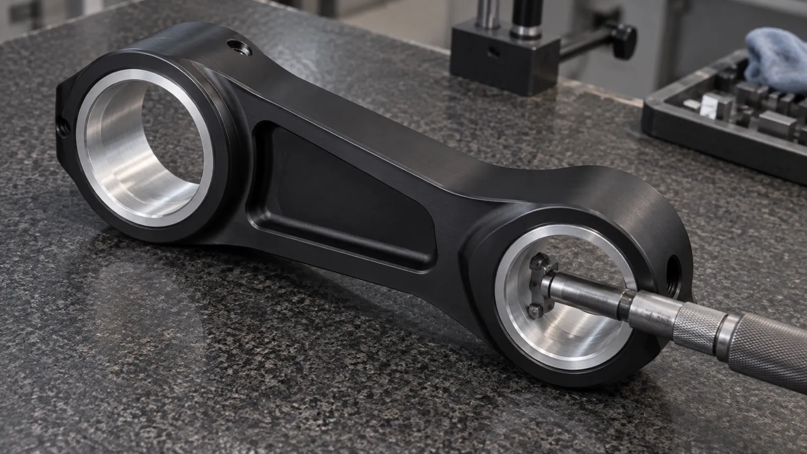 Black hardcoat anodized 7075-T6 robotic joint link on a granite surface plate, both bearing bores masked back to bare aluminum, with a bore gauge set into the right-hand bore