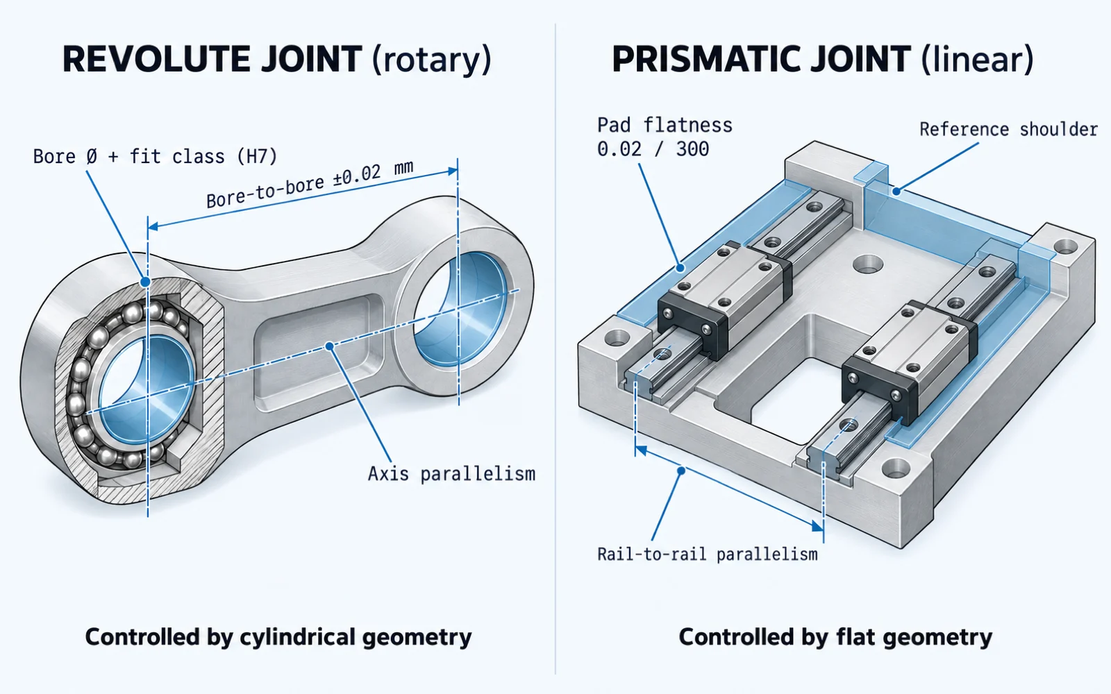 Side-by-side cutaway diagram comparing a revolute robot joint, controlled by bore fit class H7 and bore-to-bore position of plus or minus 0.02 mm, with a prismatic robot joint controlled by rail pad flatness of 0.02 mm per 300 mm and rail-to-rail parallelism