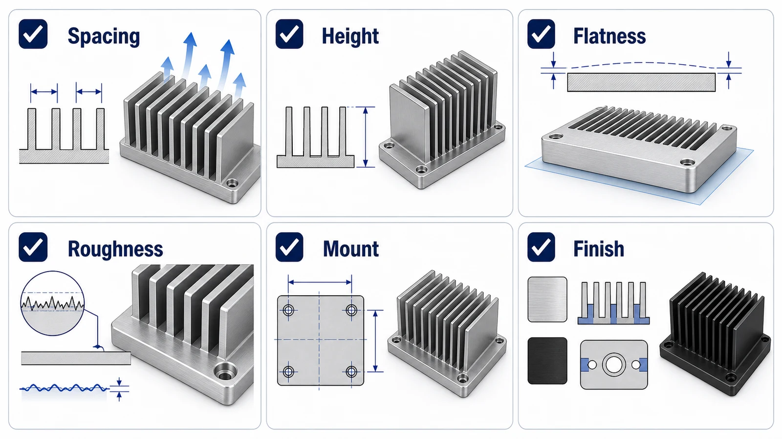 Aluminum heat sink CNC design checklist for fin spacing, fin height, flatness, roughness, mounting, and finish