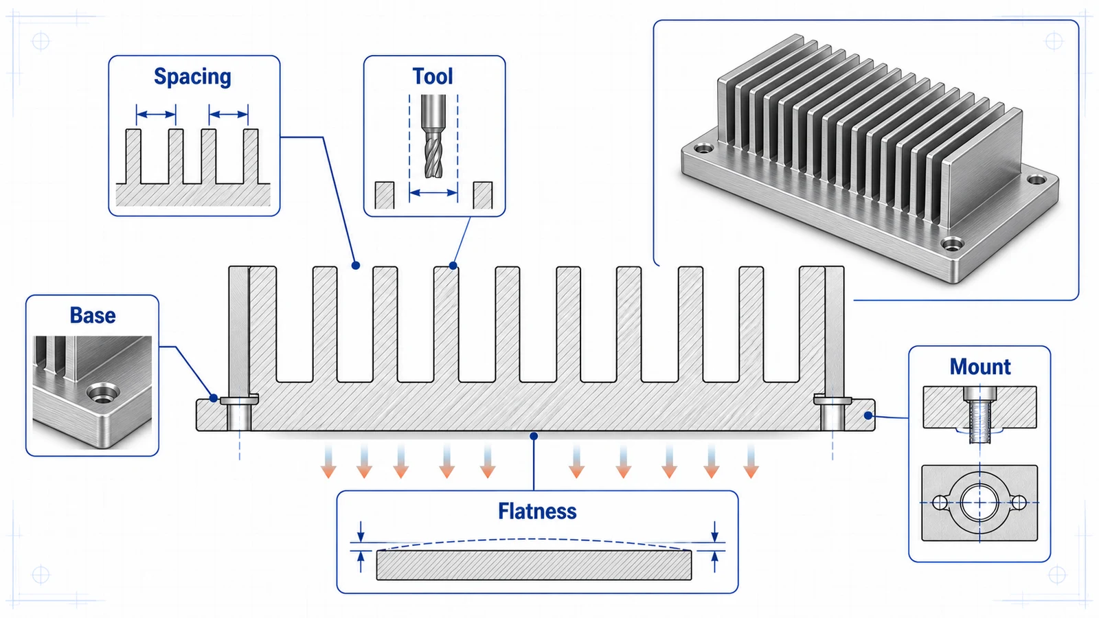 Aluminum heat sink CNC machining diagram showing fin spacing, cutter access, base flatness, thermal interface, and mounting holes