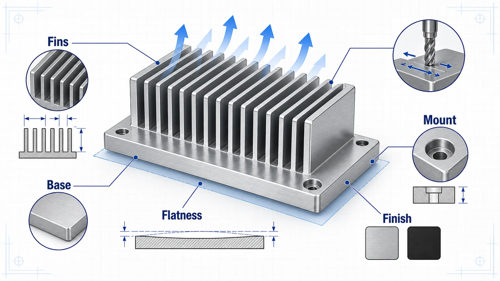 CNC machined aluminum heat sink with fins, flat thermal base, mounting holes, airflow arrows, and anodize finish callouts