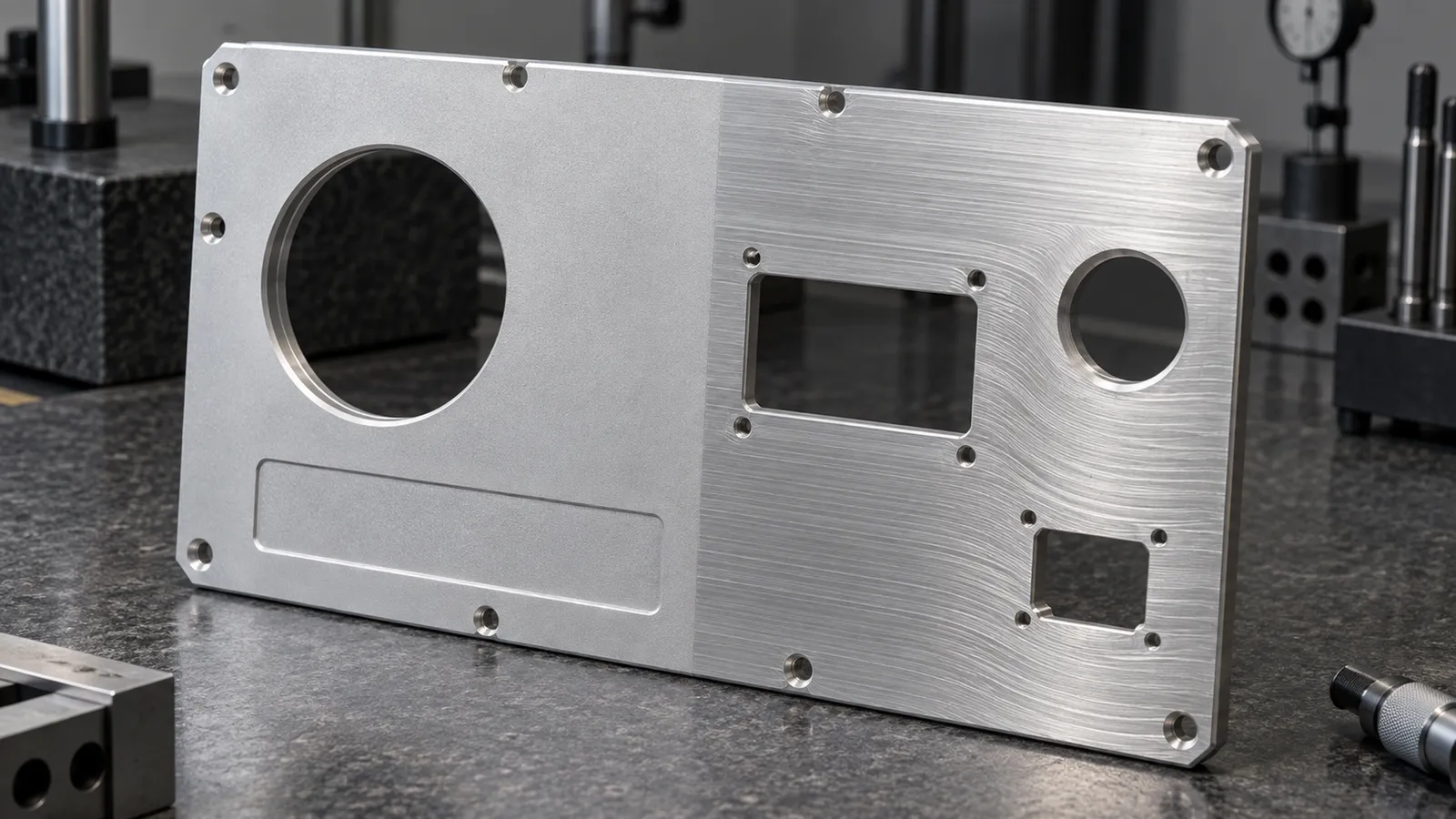 A clear anodized aluminum robot face panel on a granite surface plate, its left half bead blasted to an even matte and its right half left as-machined so the toolpath swirls remain visible through the film