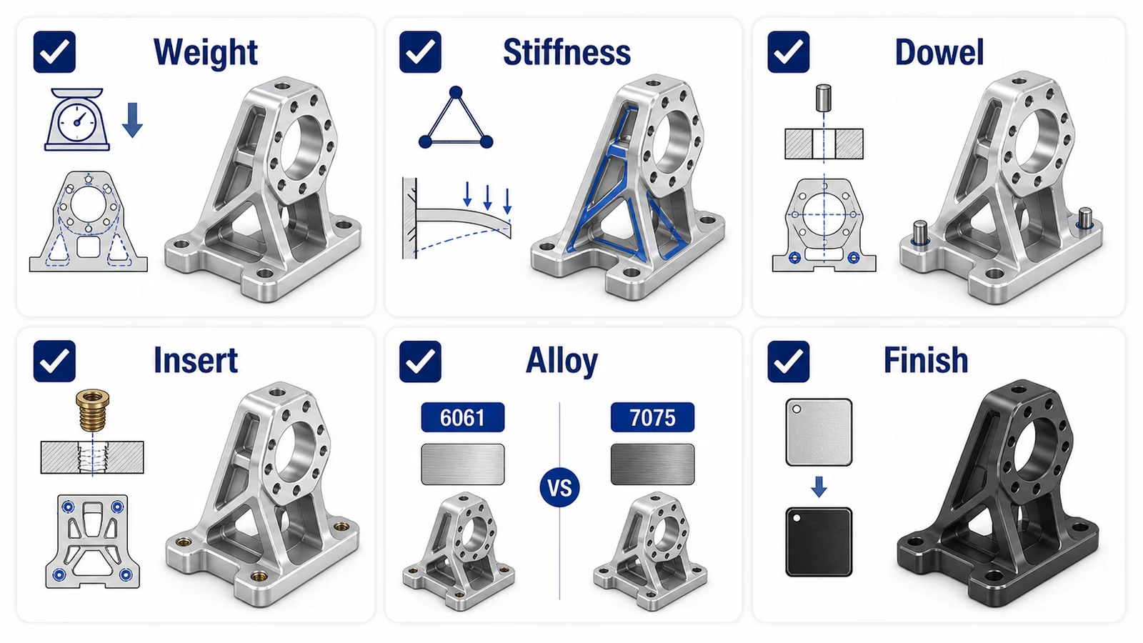Robotics aluminum bracket design checklist for weight, stiffness, dowels, inserts, alloy, and finish