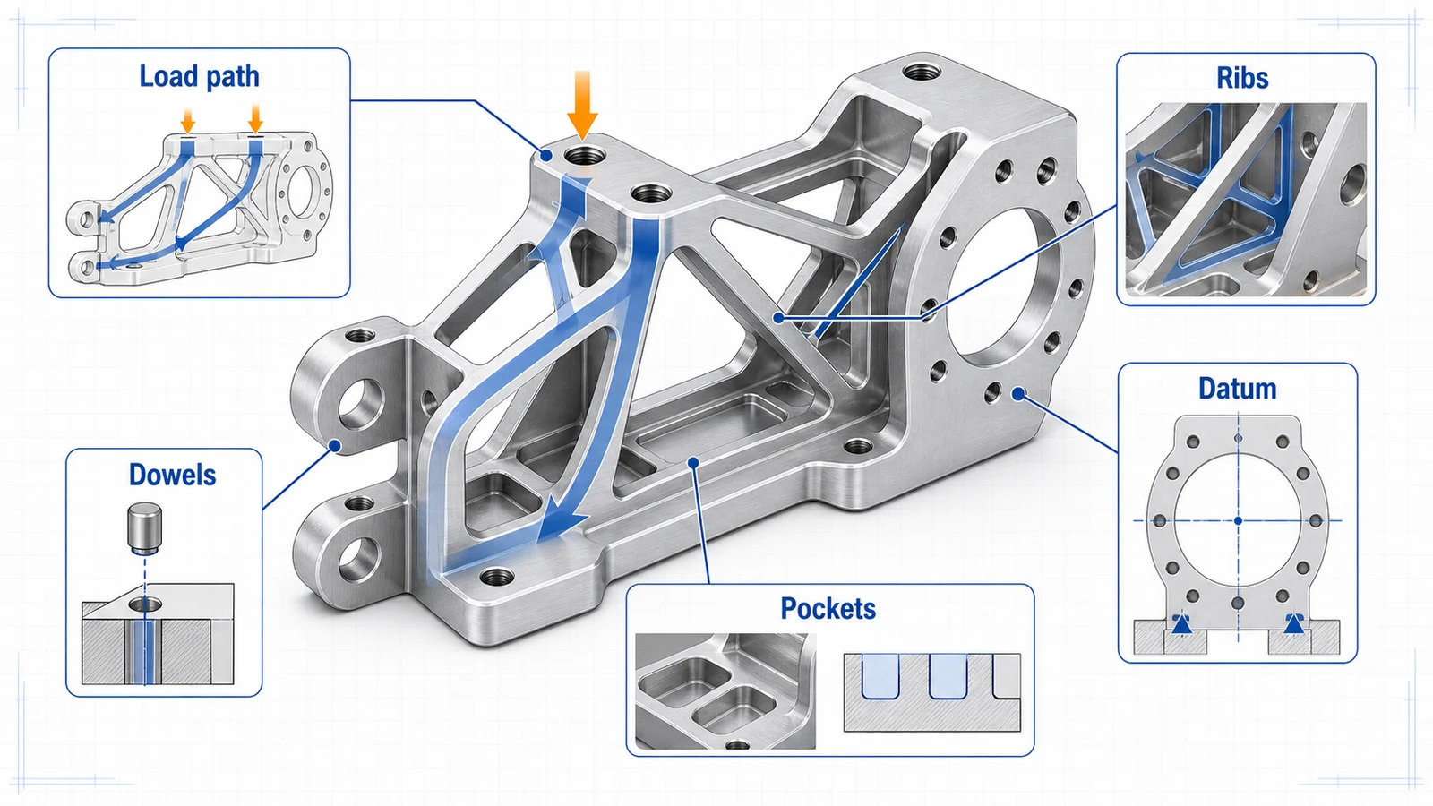 Robotics aluminum bracket load path diagram showing ribs, dowel locating holes, motor datum face, and weight reduction pockets