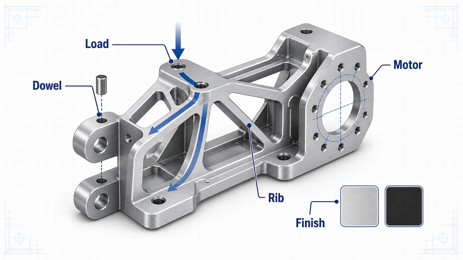 CNC machined aluminum robotics bracket with load paths, dowel holes, ribs, motor face, pockets, and anodize finish callouts