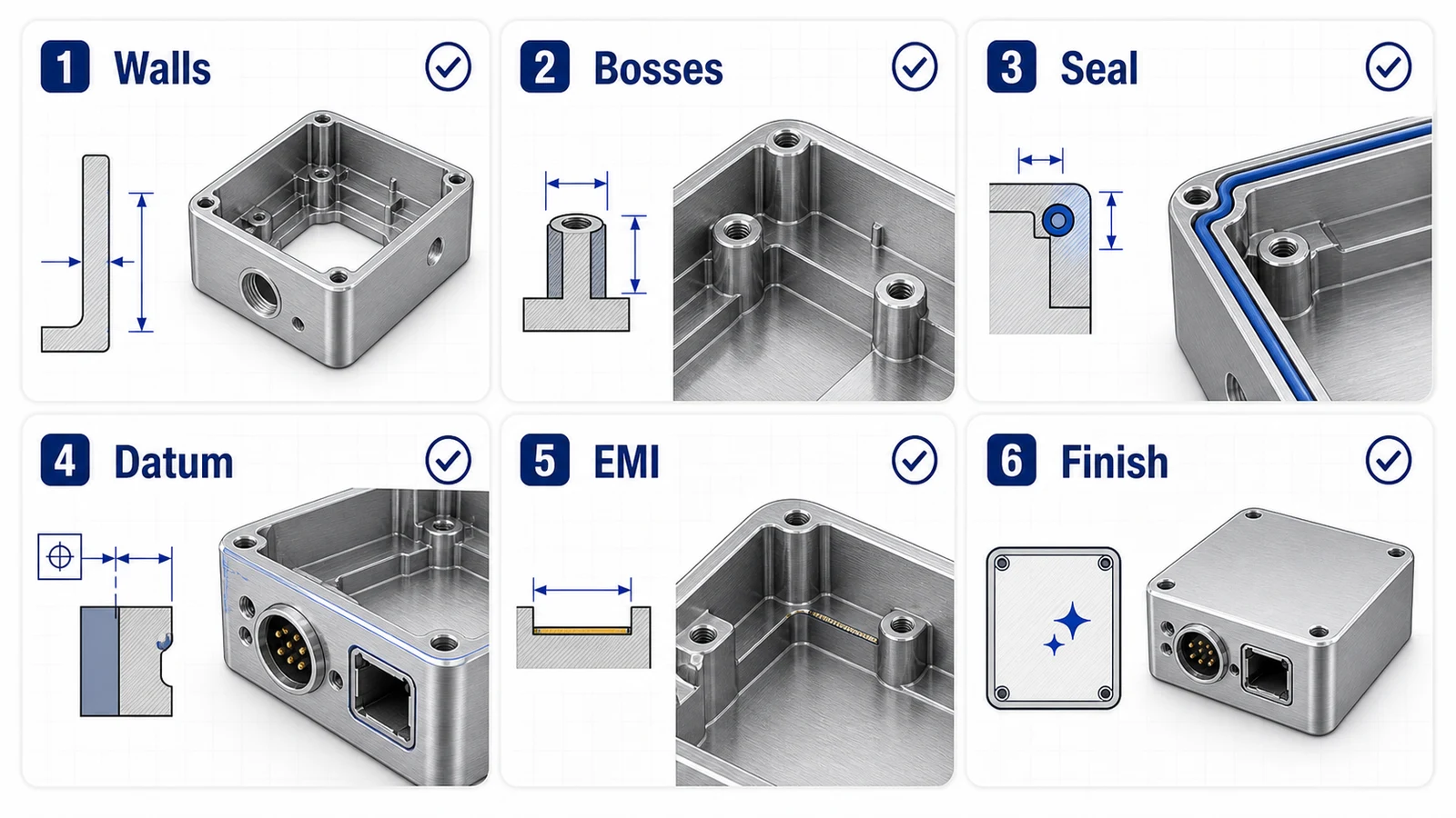 CNC machined aluminum housing checklist for walls, bosses, sealing, datums, EMI, and finish planning