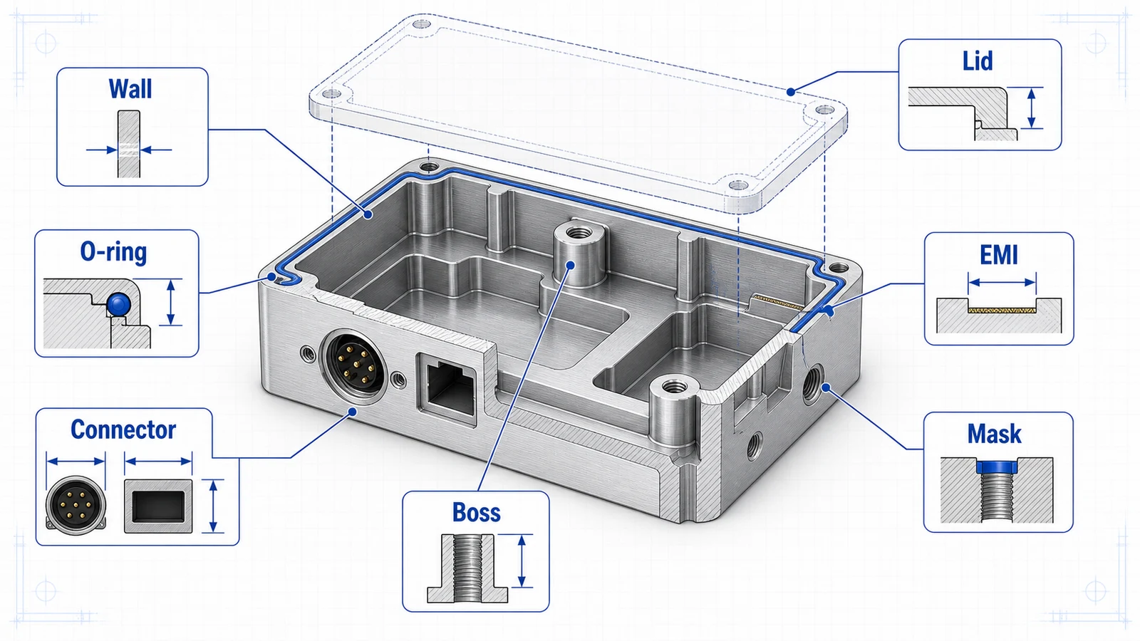 Aluminum CNC housing design diagram showing wall thickness, O-ring groove, connector face, threaded boss, EMI land, masking, and lid interface